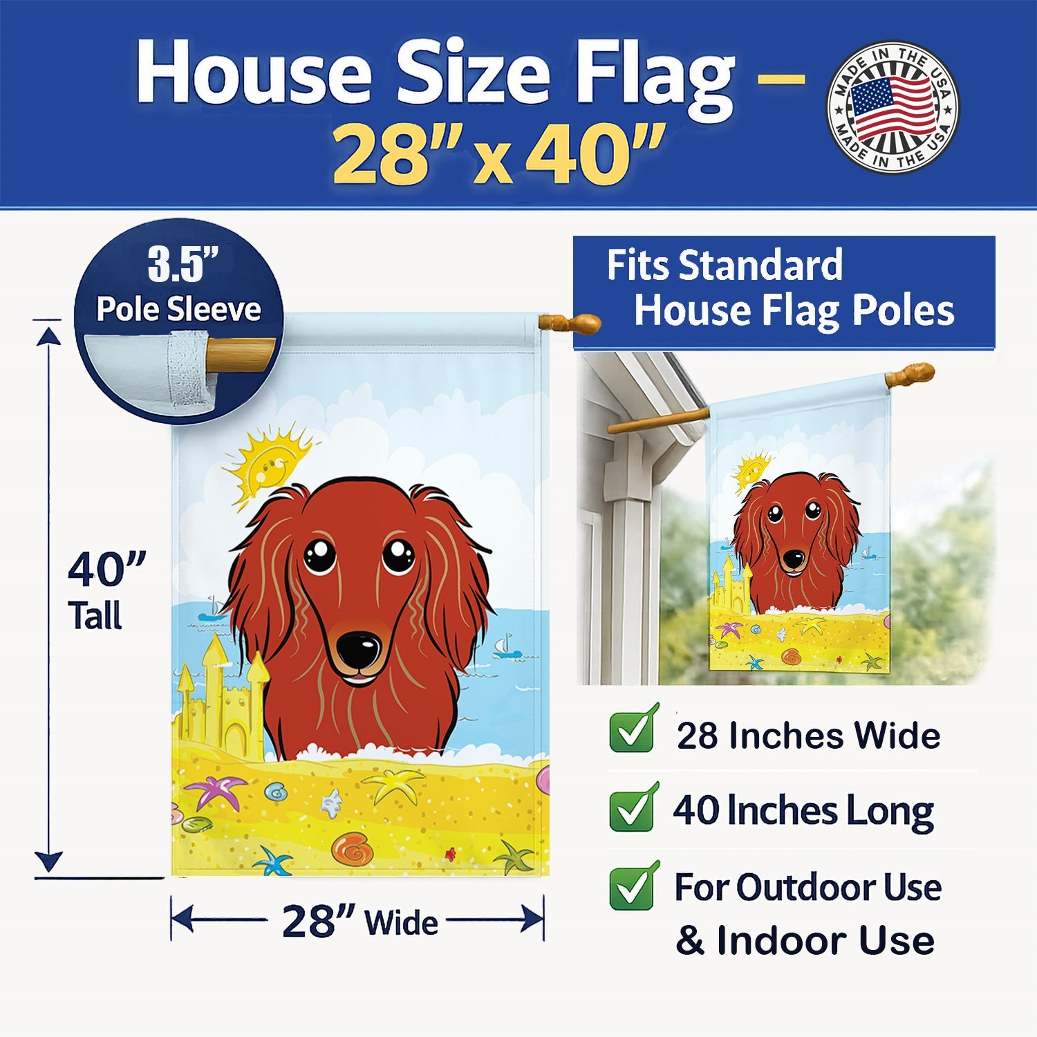Longhair Red Dachshund Summer Beach House Flag 28x40 Porch Sleeve Pole Decorative Outside Yard Banner Artwork Wall Hanging, Polyester