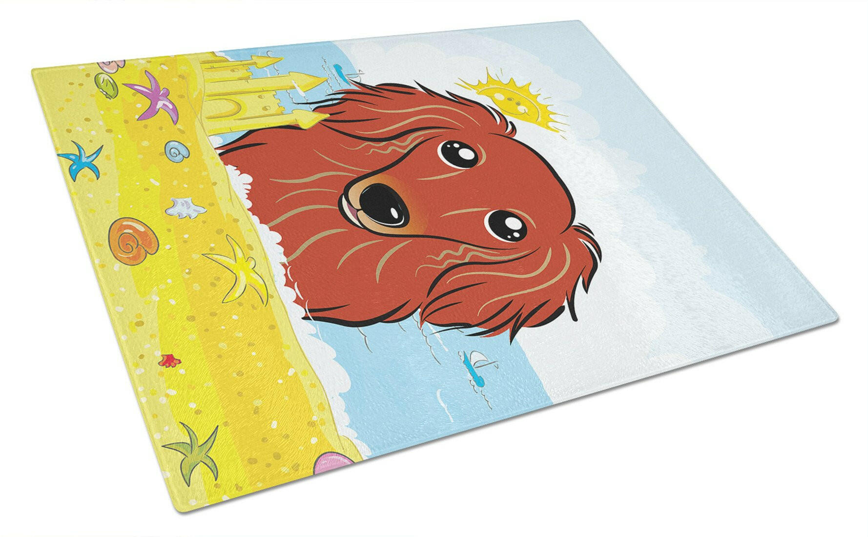 Longhair Red Dachshund Summer Beach Cutting Board Tempered Glass Kitchen Cutting Surface, Heat Resistant Chopping, Non-Slip Feet, Food Prep & Serving