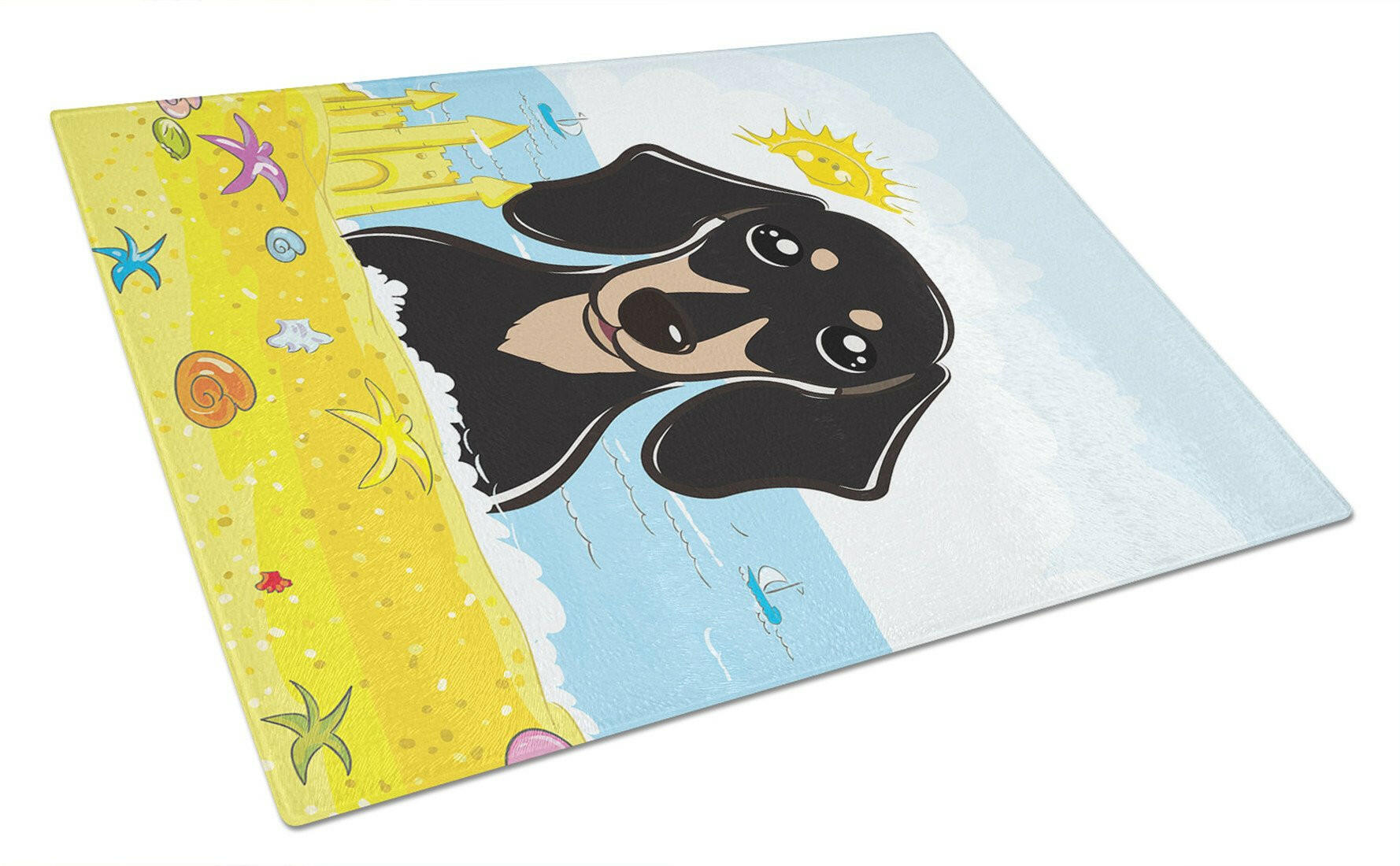 Smooth Black and Tan Dachshund Summer Beach Cutting Board Tempered Glass Kitchen Cutting Surface, Heat Resistant Chopping, Non-Slip Feet, Food Prep & Serving