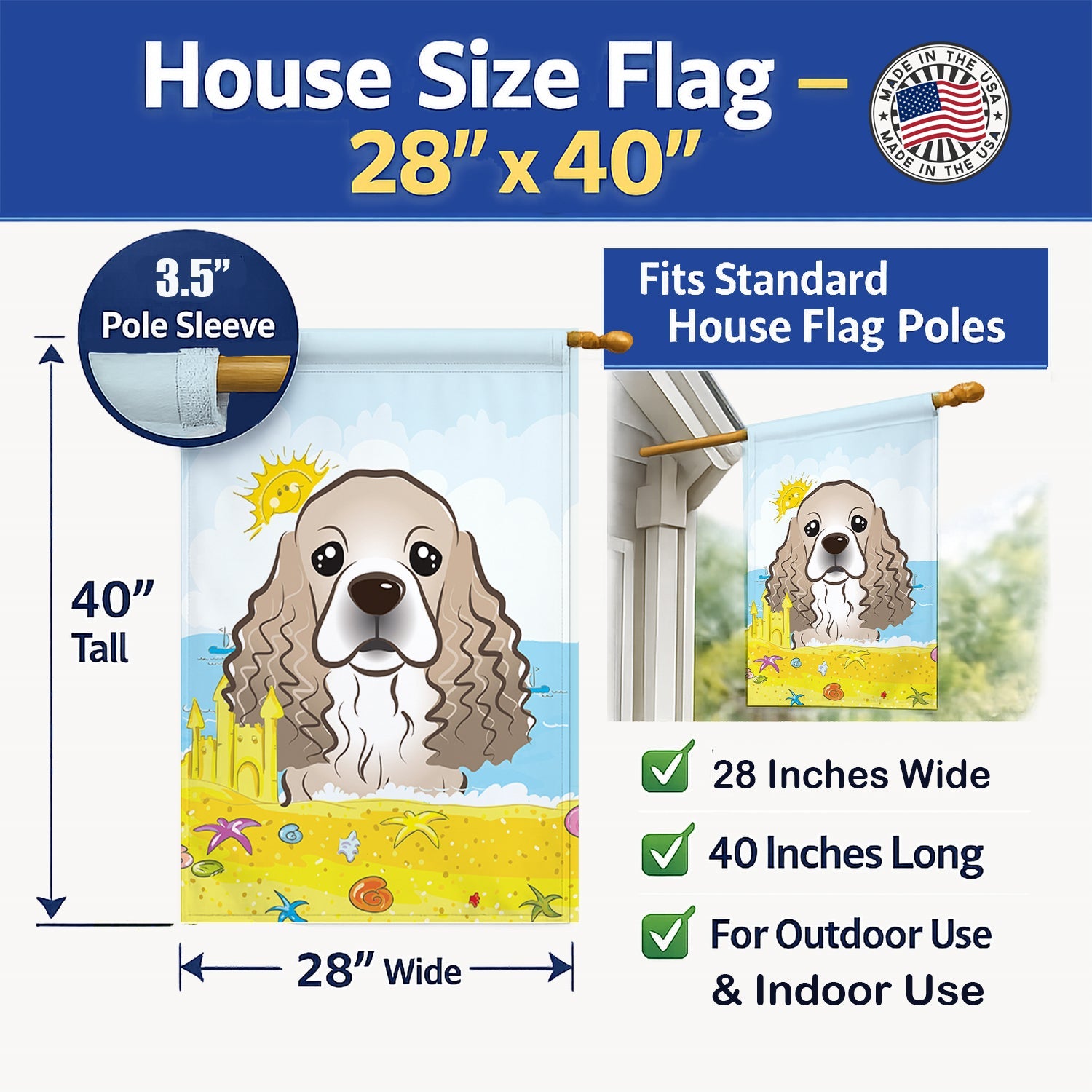 Cocker Spaniel Summer Beach House Flag 28x40 Porch Sleeve Pole Decorative Outside Yard Banner Artwork Wall Hanging, Polyester
