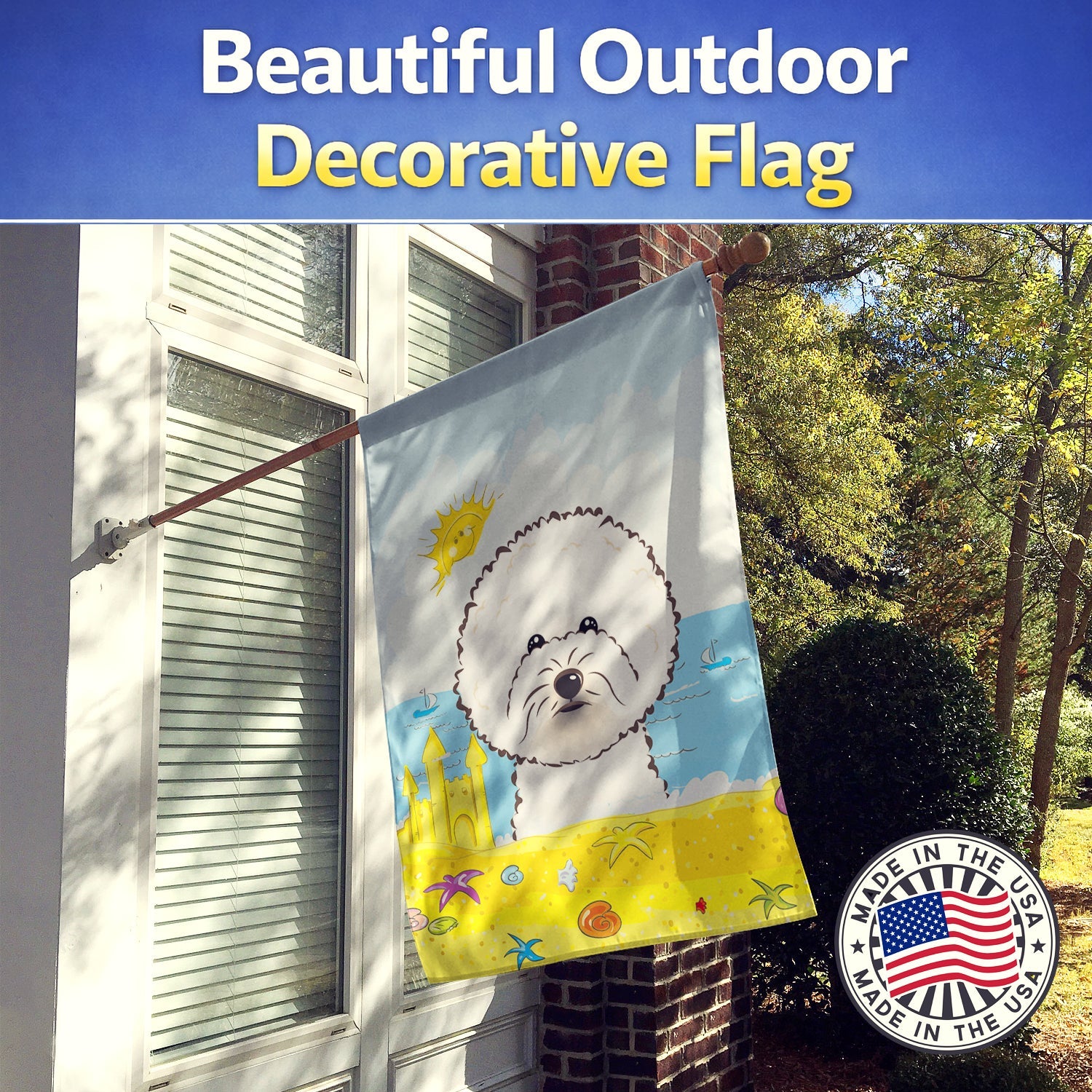 Bichon Frise Summer Beach House Flag 28x40 Porch Sleeve Pole Decorative Outside Yard Banner Artwork Wall Hanging, Polyester