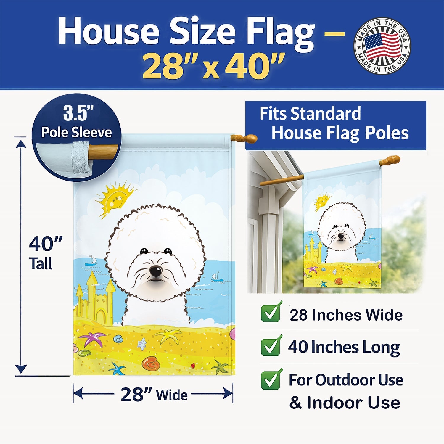 Bichon Frise Summer Beach House Flag 28x40 Porch Sleeve Pole Decorative Outside Yard Banner Artwork Wall Hanging, Polyester