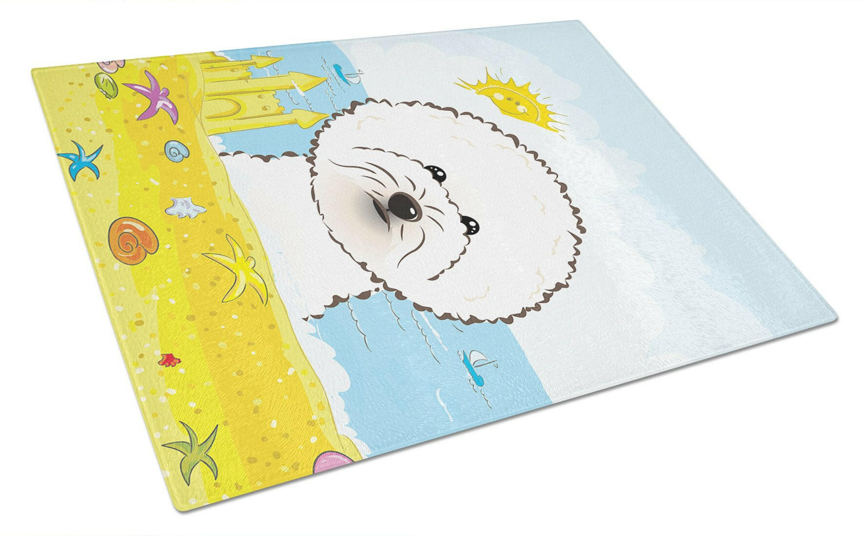 Bichon Frise Summer Beach Cutting Board Tempered Glass Kitchen Cutting Surface, Heat Resistant Chopping, Non-Slip Feet, Food Prep & Serving