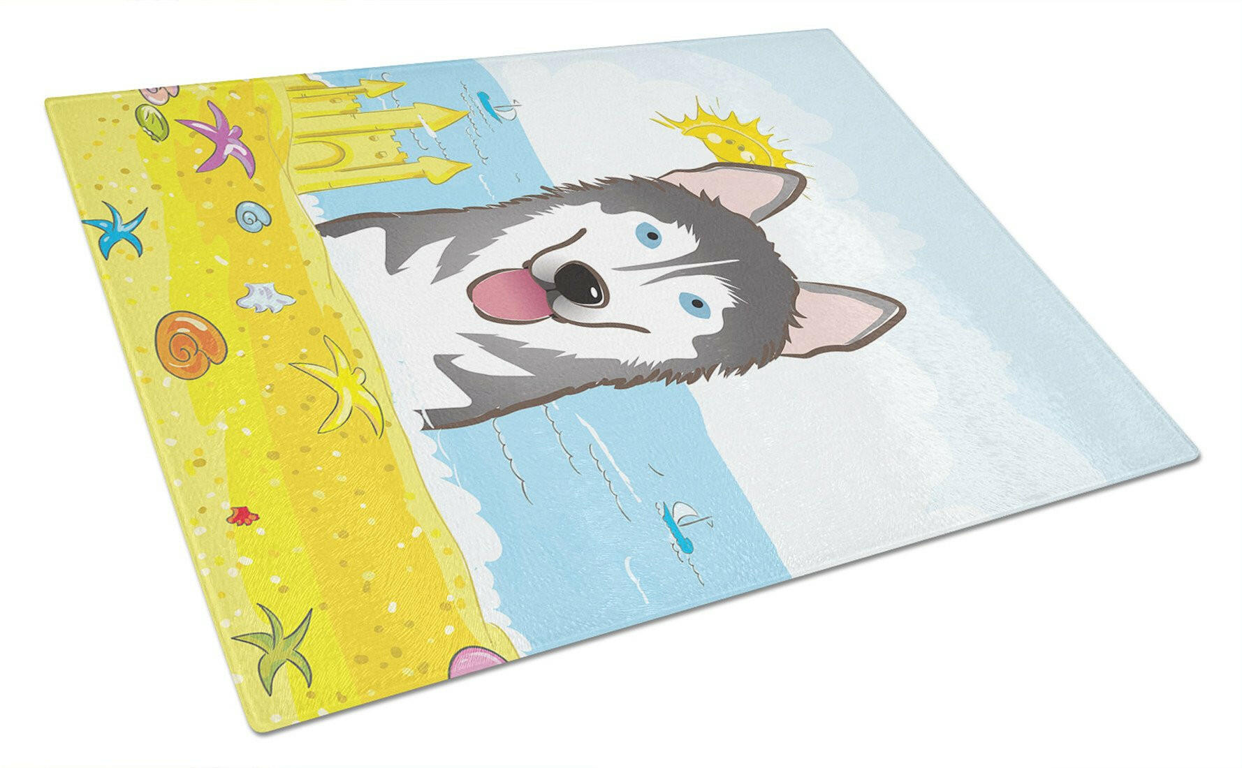 Alaskan Malamute Summer Beach Cutting Board Tempered Glass Kitchen Cutting Surface, Heat Resistant Chopping, Non-Slip Feet, Food Prep & Serving