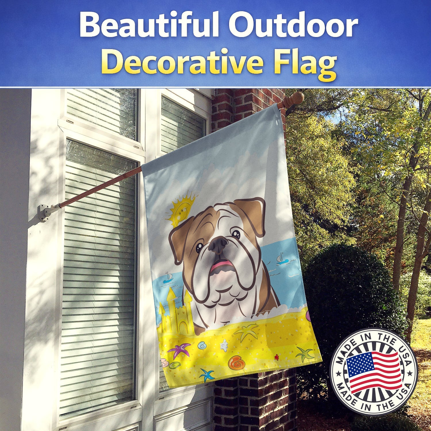 English Bulldog  Summer Beach House Flag 28x40 Porch Sleeve Pole Decorative Outside Yard Banner Artwork Wall Hanging, Polyester