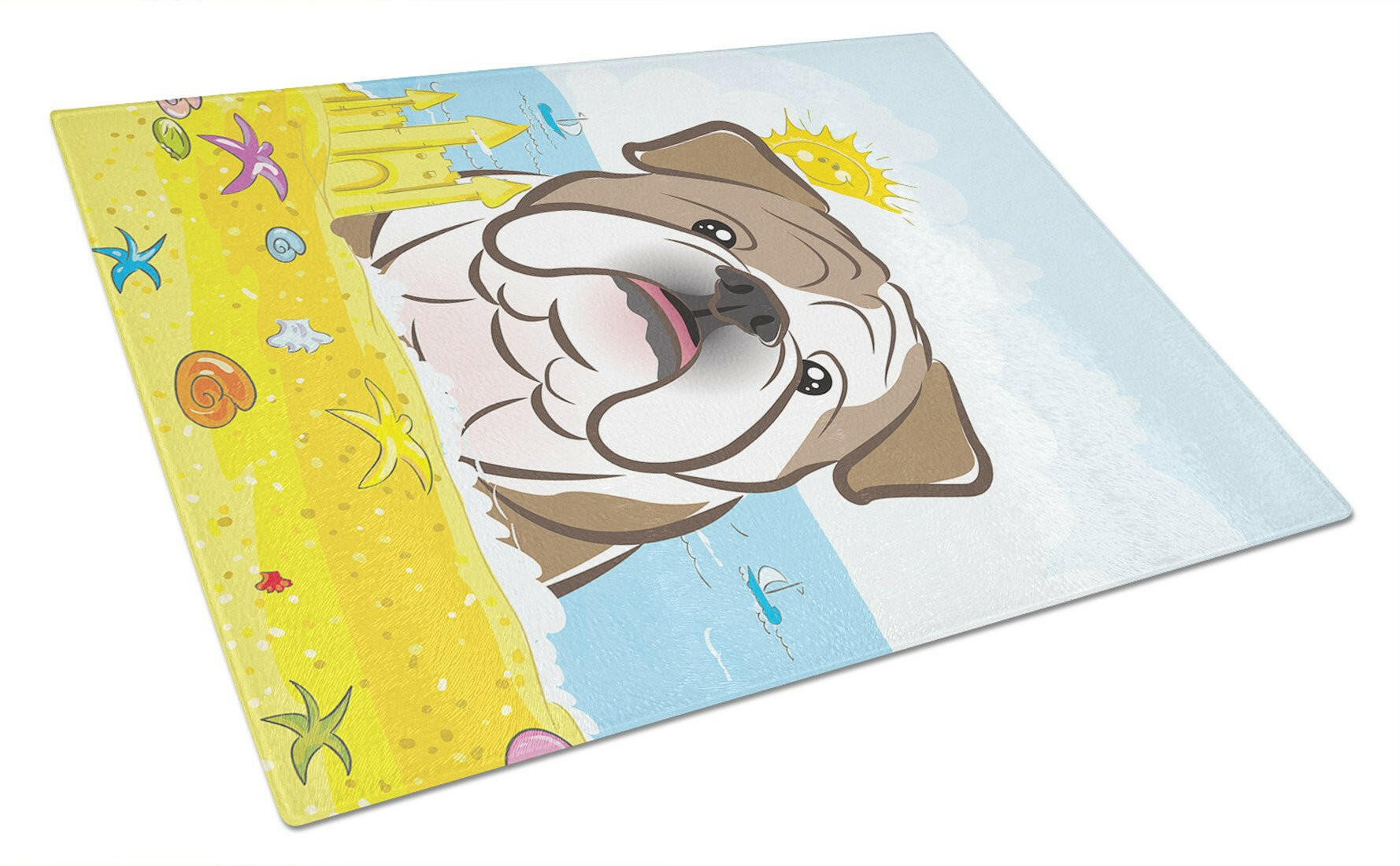 English Bulldog  Summer Beach Cutting Board Tempered Glass Kitchen Cutting Surface, Heat Resistant Chopping, Non-Slip Feet, Food Prep & Serving