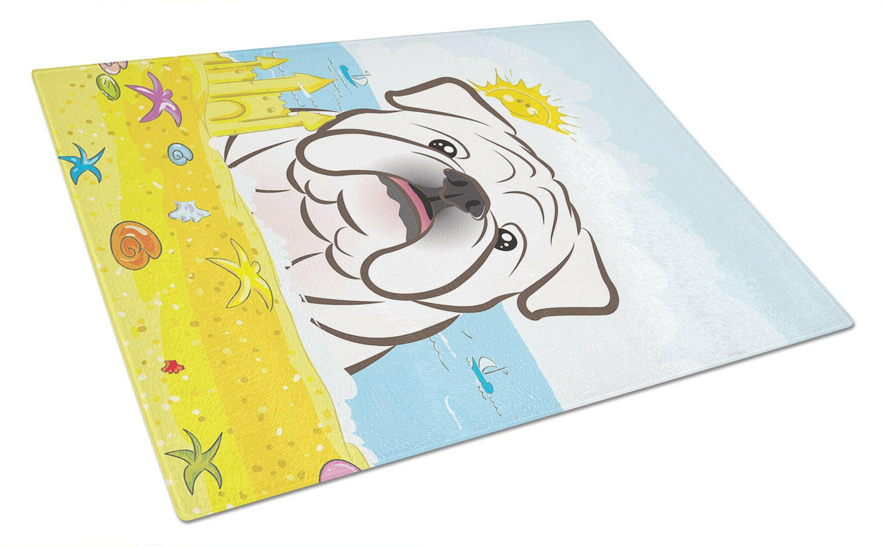 White English Bulldog  Summer Beach Cutting Board Tempered Glass Kitchen Cutting Surface, Heat Resistant Chopping, Non-Slip Feet, Food Prep & Serving