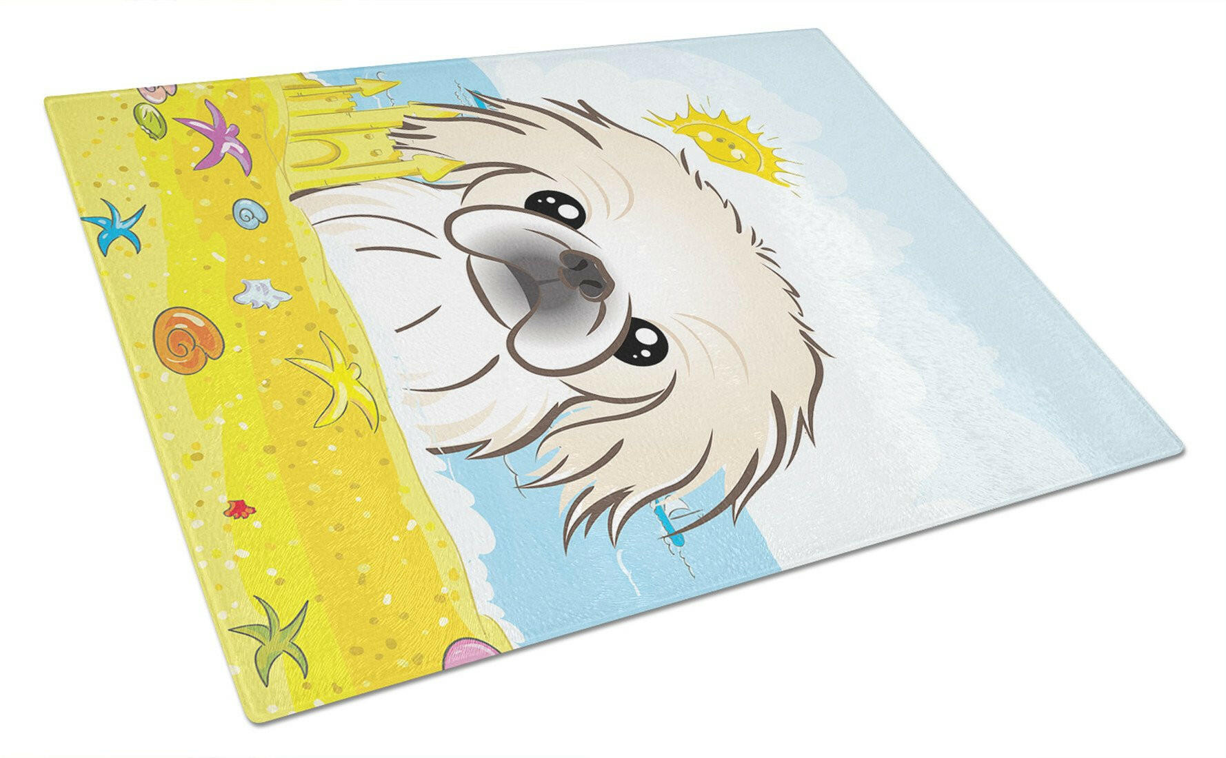 Pekingese Summer Beach Cutting Board Tempered Glass Kitchen Cutting Surface, Heat Resistant Chopping, Non-Slip Feet, Food Prep & Serving