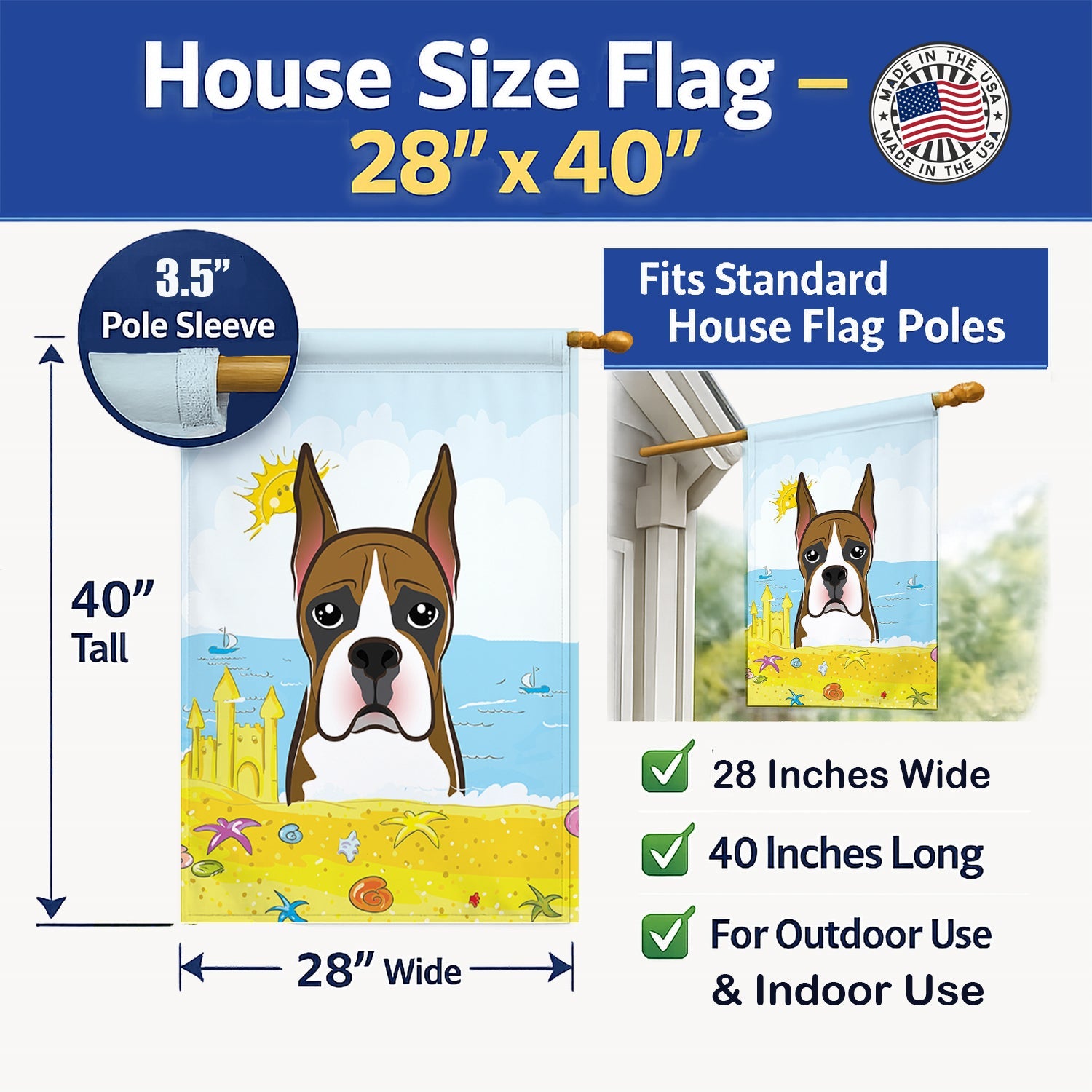 Boxer Summer Beach House Flag 28x40 Porch Sleeve Pole Decorative Outside Yard Banner Artwork Wall Hanging, Polyester