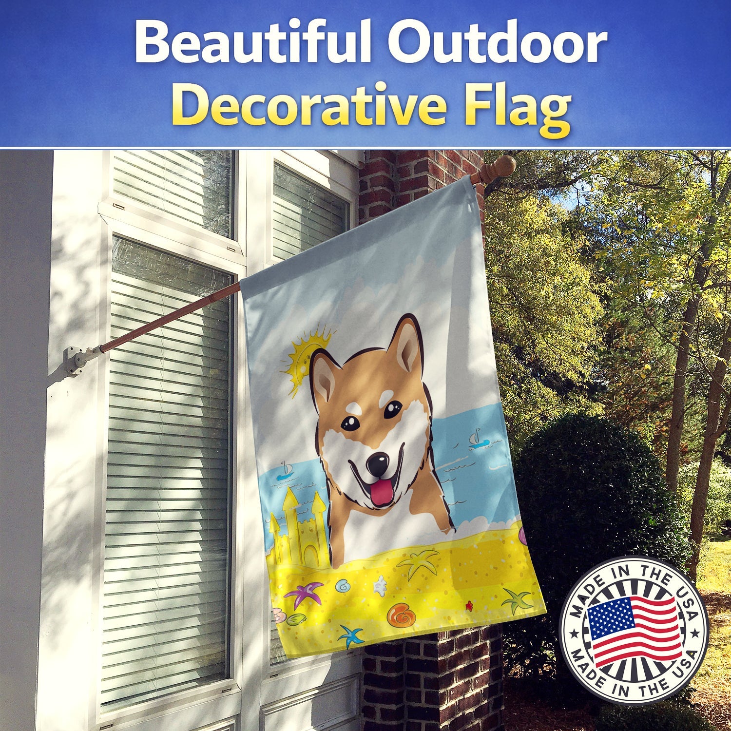 Shiba Inu Summer Beach House Flag 28x40 Porch Sleeve Pole Decorative Outside Yard Banner Artwork Wall Hanging, Polyester