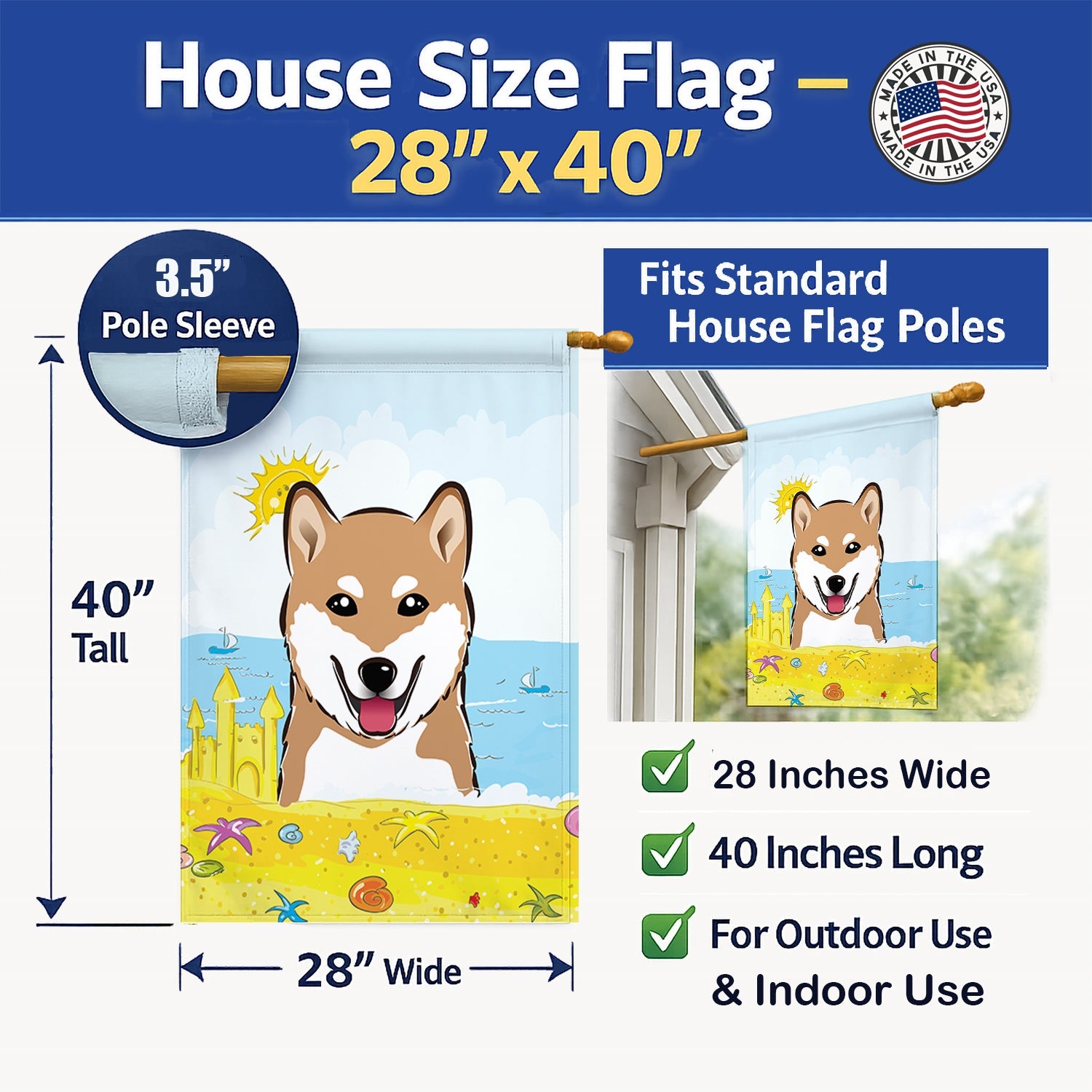 Shiba Inu Summer Beach House Flag 28x40 Porch Sleeve Pole Decorative Outside Yard Banner Artwork Wall Hanging, Polyester