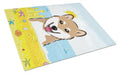 Shiba Inu Summer Beach Cutting Board Tempered Glass Kitchen Cutting Surface, Heat Resistant Chopping, Non-Slip Feet, Food Prep & Serving