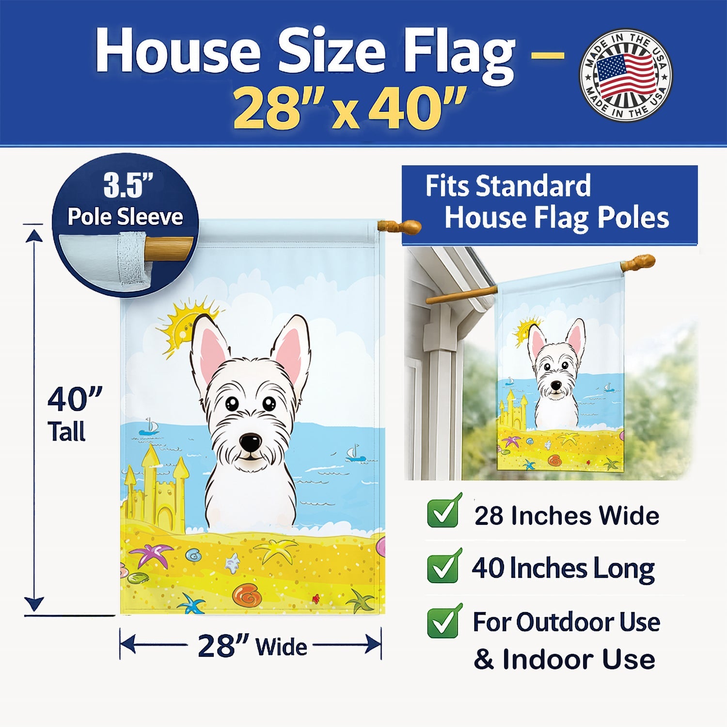 Westie Summer Beach House Flag 28x40 Porch Sleeve Pole Decorative Outside Yard Banner Artwork Wall Hanging, Polyester