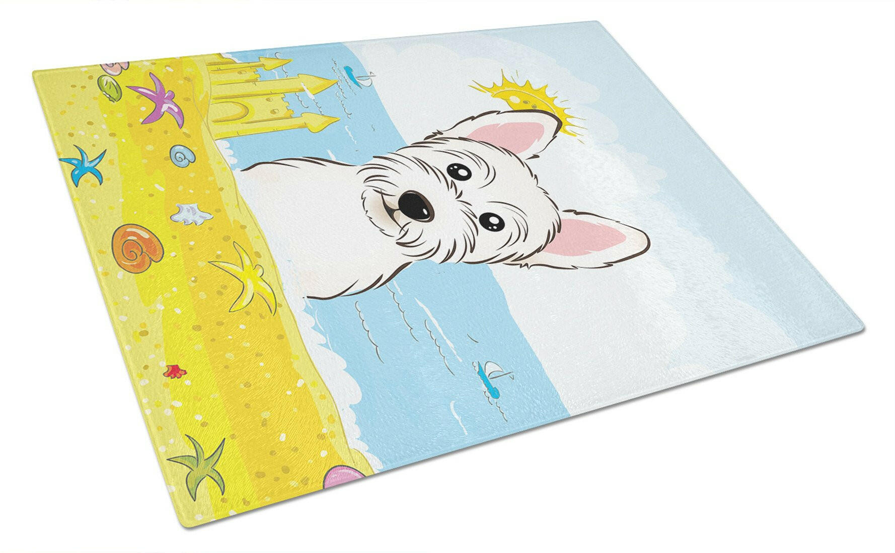Westie Summer Beach Cutting Board Tempered Glass Kitchen Cutting Surface, Heat Resistant Chopping, Non-Slip Feet, Food Prep & Serving