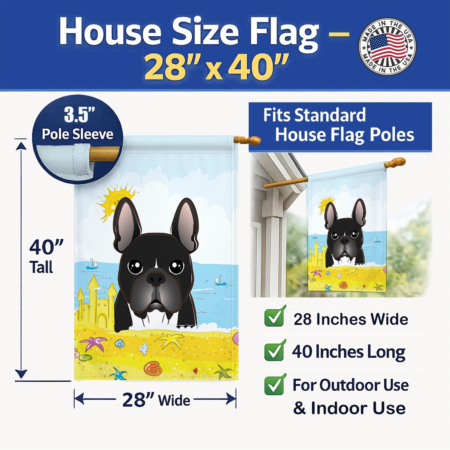 French Bulldog Summer Beach House Flag 28x40 Porch Sleeve Pole Decorative Outside Yard Banner Artwork Wall Hanging, Polyester