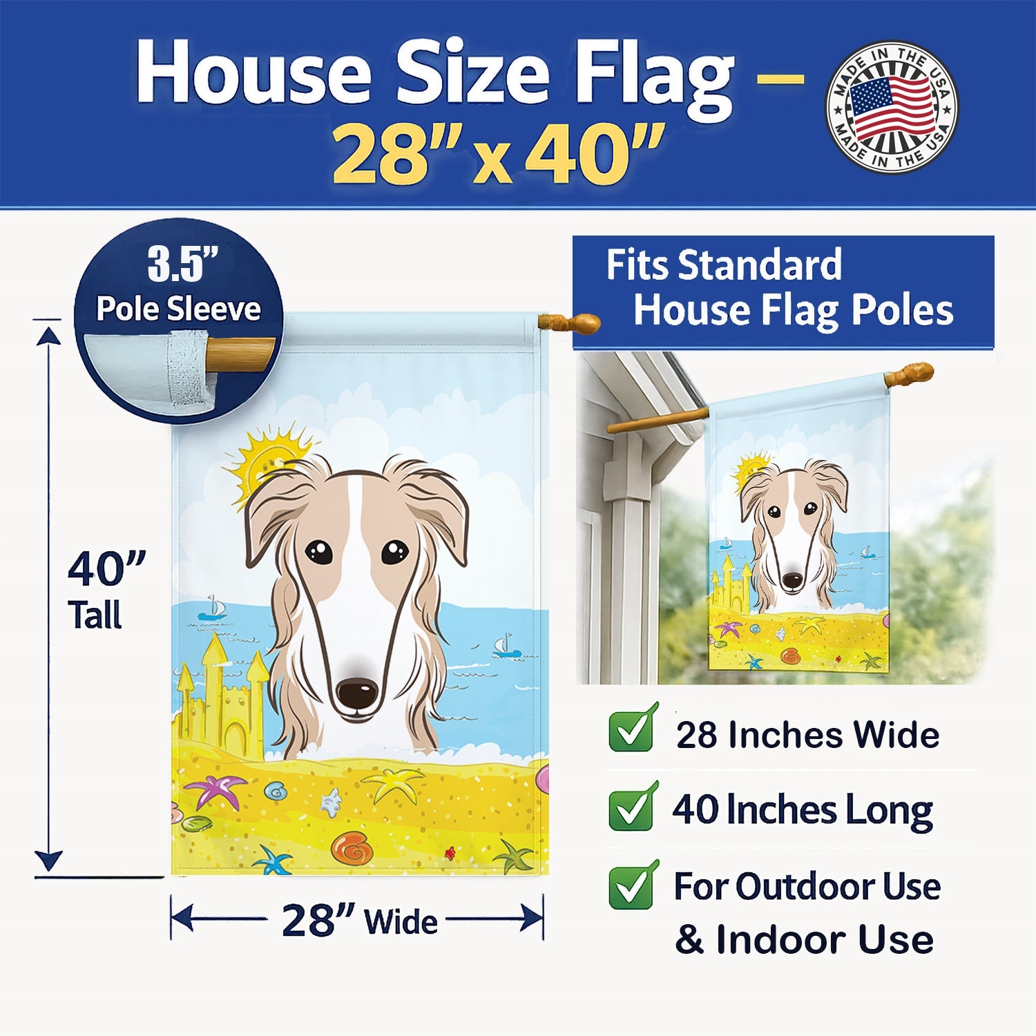 Borzoi Summer Beach House Flag 28x40 Porch Sleeve Pole Decorative Outside Yard Banner Artwork Wall Hanging, Polyester
