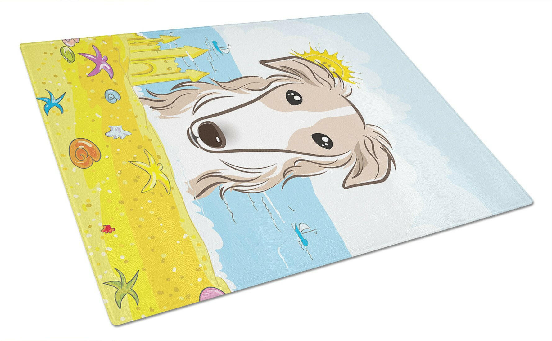 Borzoi Summer Beach Cutting Board Tempered Glass Kitchen Cutting Surface, Heat Resistant Chopping, Non-Slip Feet, Food Prep & Serving
