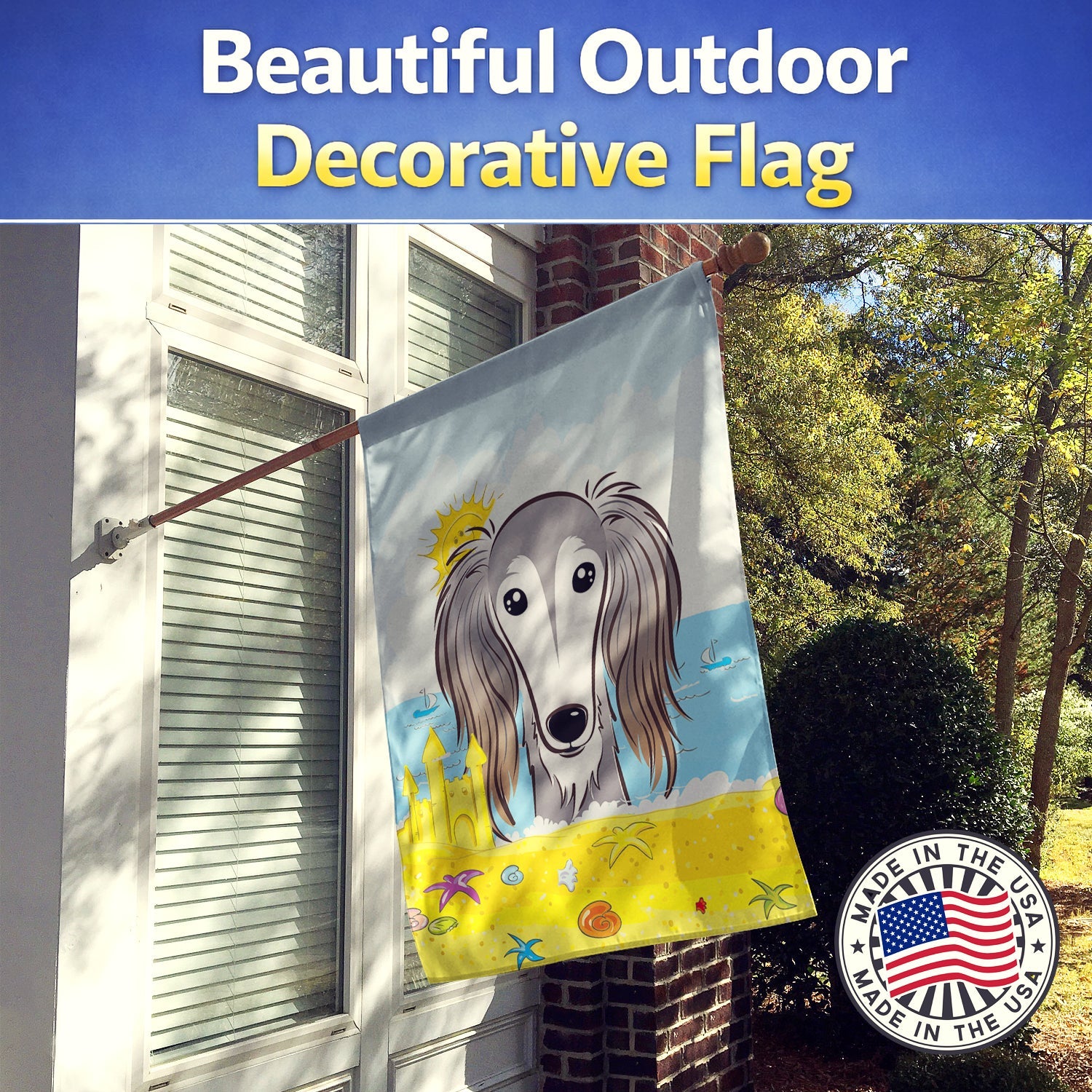 Saluki Summer Beach House Flag 28x40 Porch Sleeve Pole Decorative Outside Yard Banner Artwork Wall Hanging, Polyester