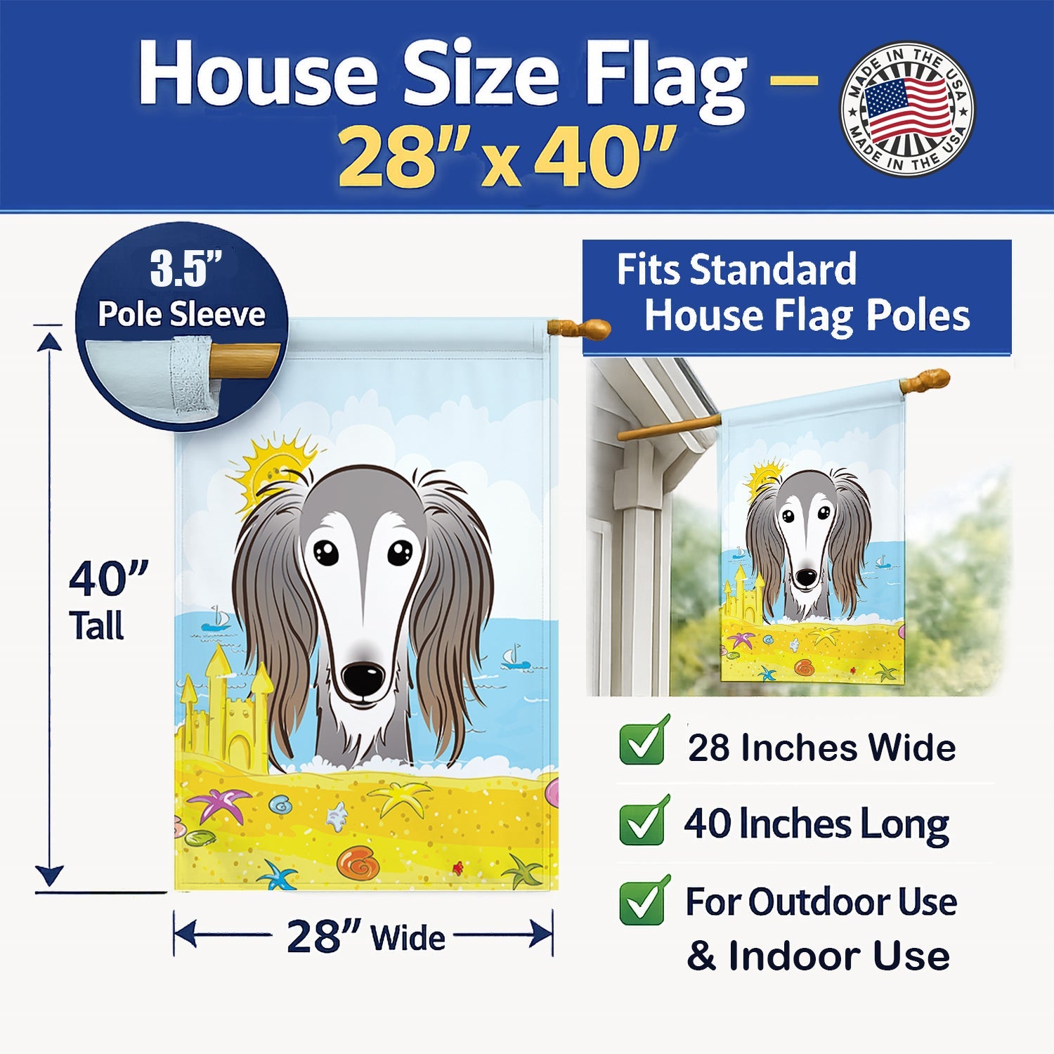 Saluki Summer Beach House Flag 28x40 Porch Sleeve Pole Decorative Outside Yard Banner Artwork Wall Hanging, Polyester