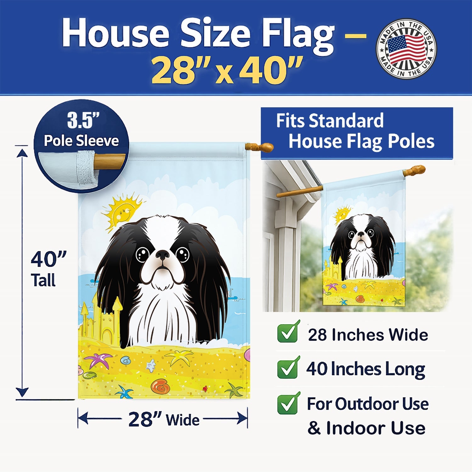Japanese Chin Summer Beach House Flag 28x40 Porch Sleeve Pole Decorative Outside Yard Banner Artwork Wall Hanging, Polyester
