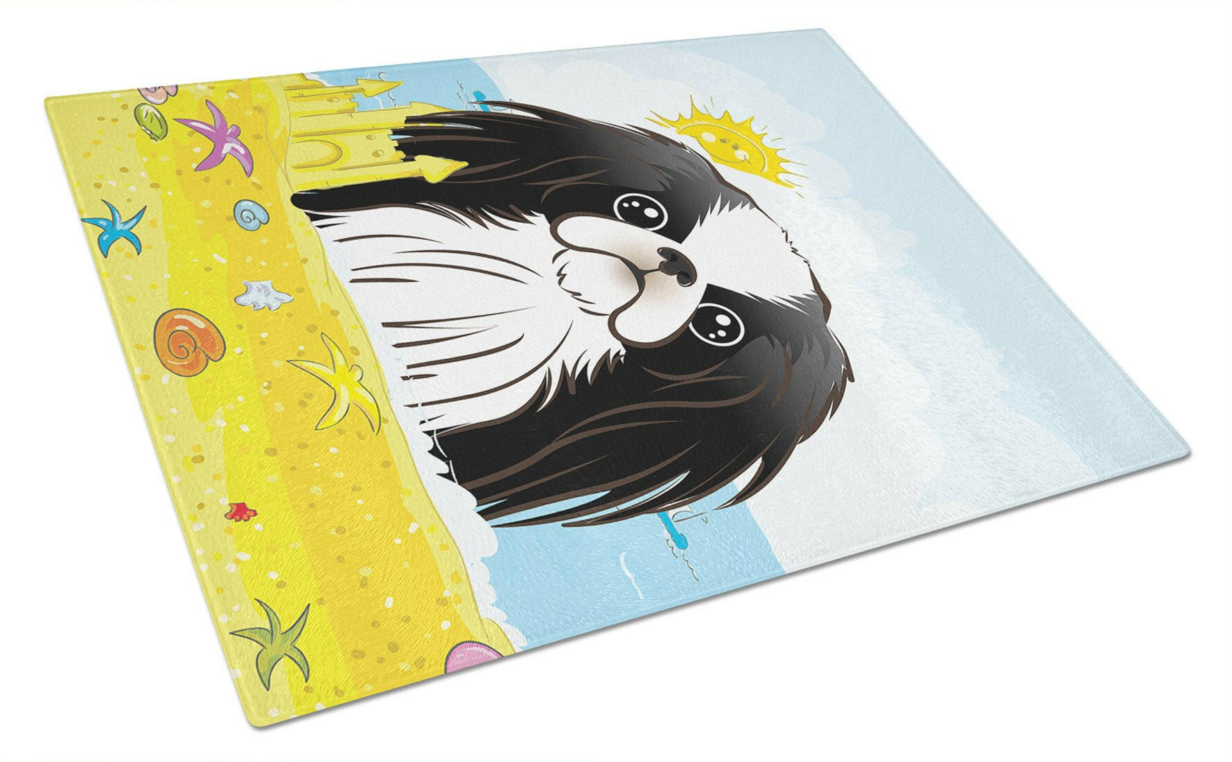 Japanese Chin Summer Beach Cutting Board Tempered Glass Kitchen Cutting Surface, Heat Resistant Chopping, Non-Slip Feet, Food Prep & Serving