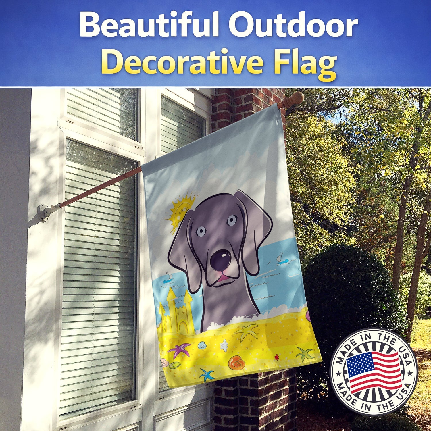 Weimaraner Summer Beach House Flag 28x40 Porch Sleeve Pole Decorative Outside Yard Banner Artwork Wall Hanging, Polyester