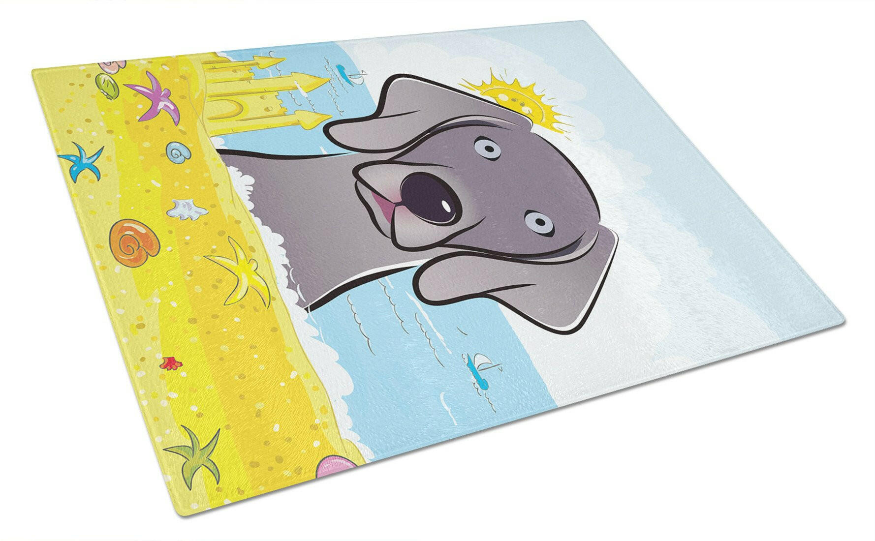 Weimaraner Summer Beach Cutting Board Tempered Glass Kitchen Cutting Surface, Heat Resistant Chopping, Non-Slip Feet, Food Prep & Serving