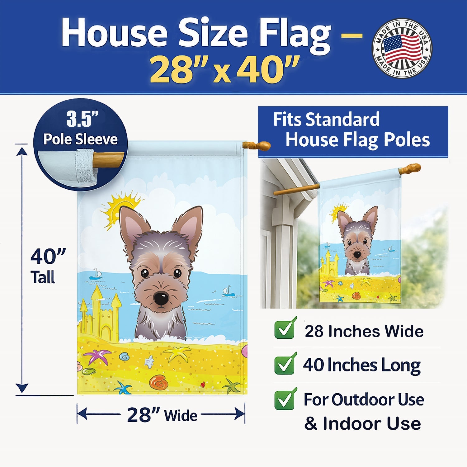 Yorkie Puppy Summer Beach House Flag 28x40 Porch Sleeve Pole Decorative Outside Yard Banner Artwork Wall Hanging, Polyester