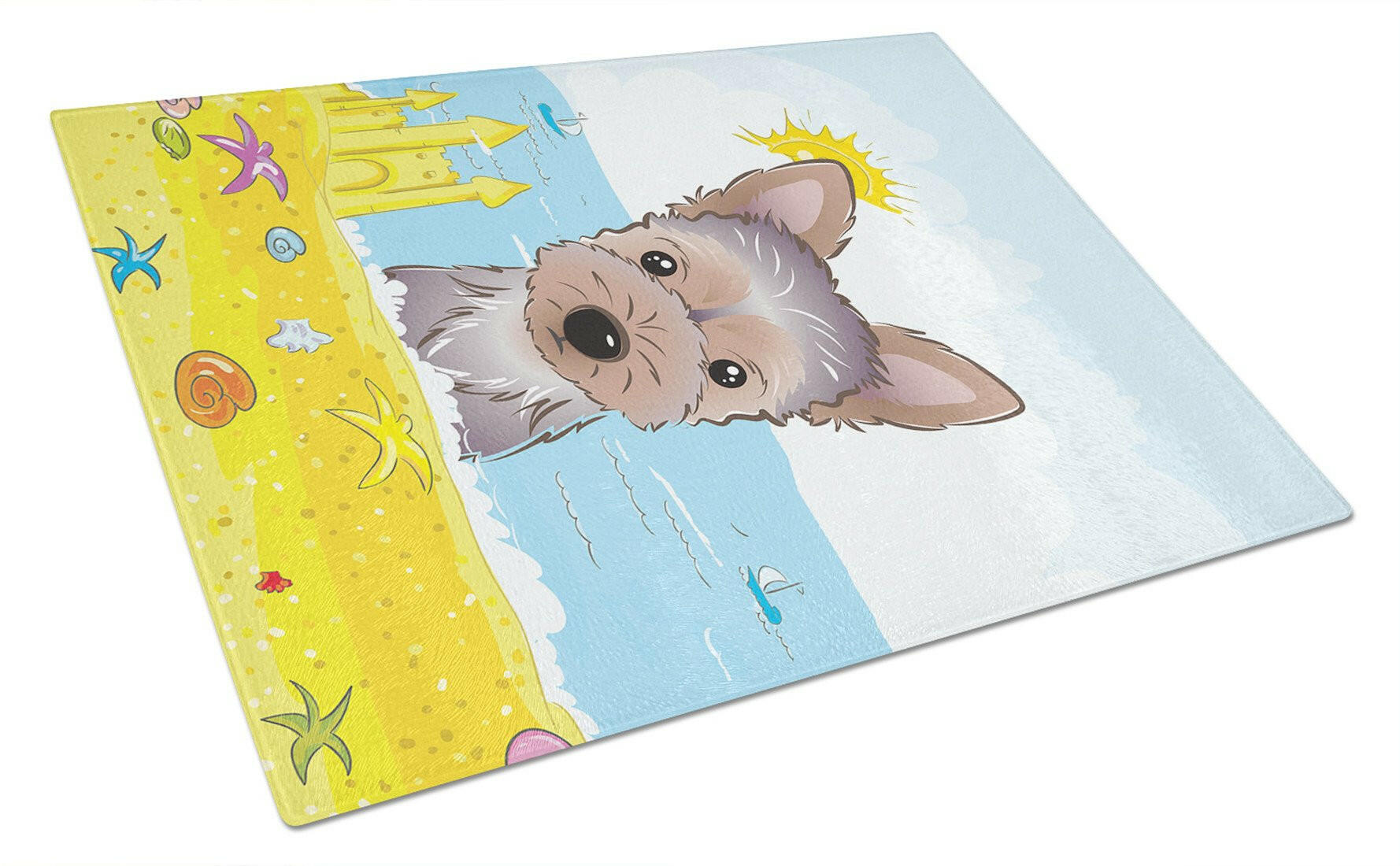 Yorkie Puppy Summer Beach Cutting Board Tempered Glass Kitchen Cutting Surface, Heat Resistant Chopping, Non-Slip Feet, Food Prep & Serving