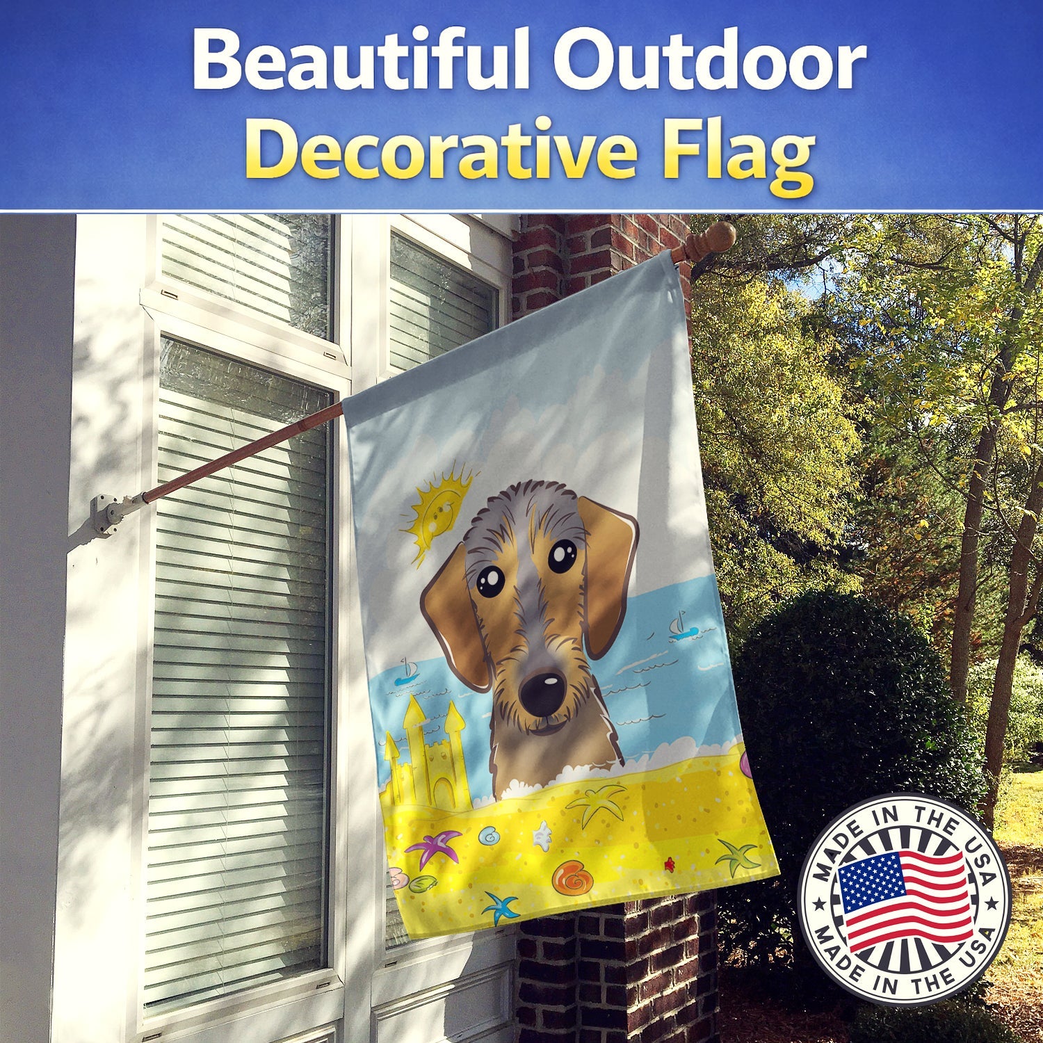 Wirehaired Dachshund Summer Beach House Flag 28x40 Porch Sleeve Pole Decorative Outside Yard Banner Artwork Wall Hanging, Polyester