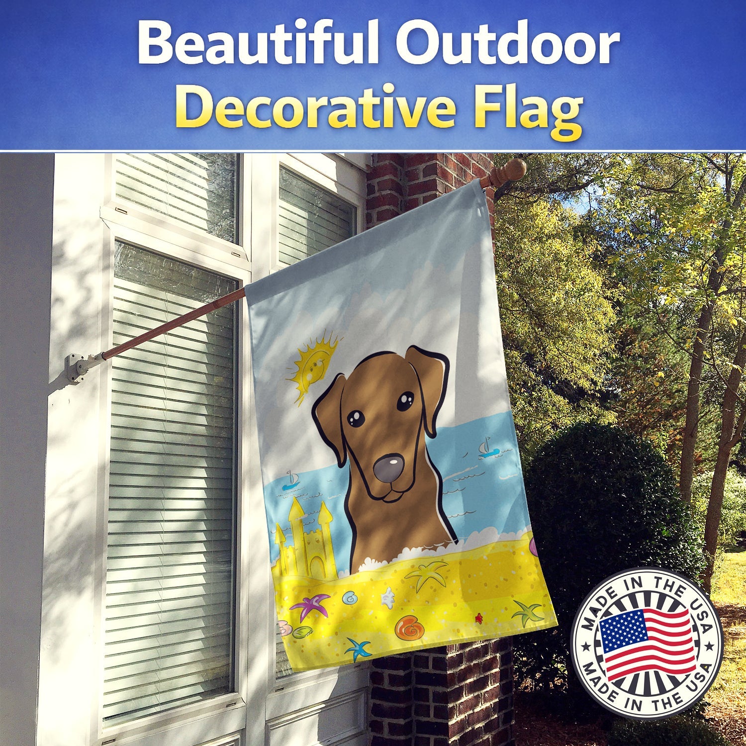 Chocolate Labrador Summer Beach House Flag 28x40 Porch Sleeve Pole Decorative Outside Yard Banner Artwork Wall Hanging, Polyester