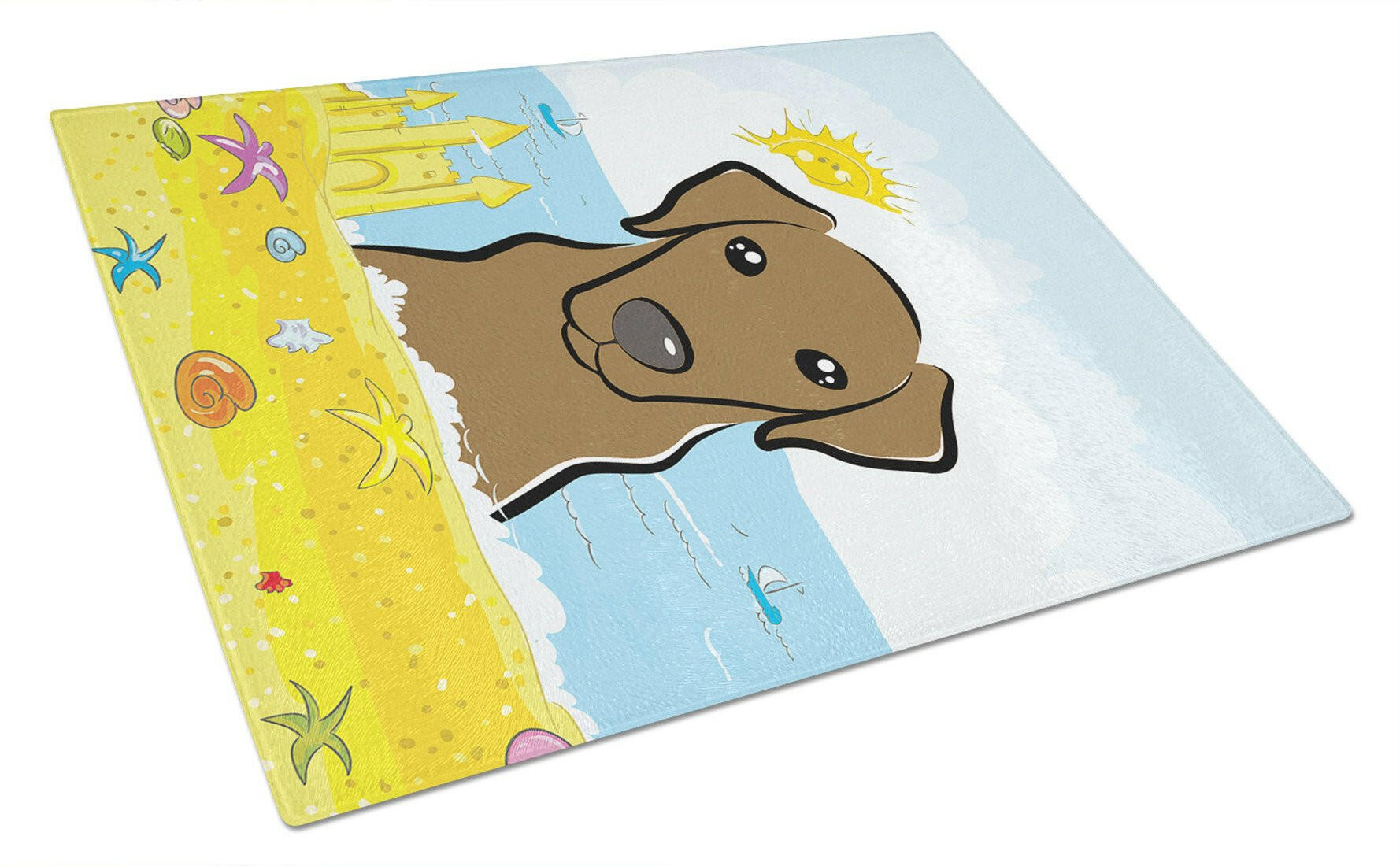 Chocolate Labrador Summer Beach Cutting Board Tempered Glass Kitchen Cutting Surface, Heat Resistant Chopping, Non-Slip Feet, Food Prep & Serving