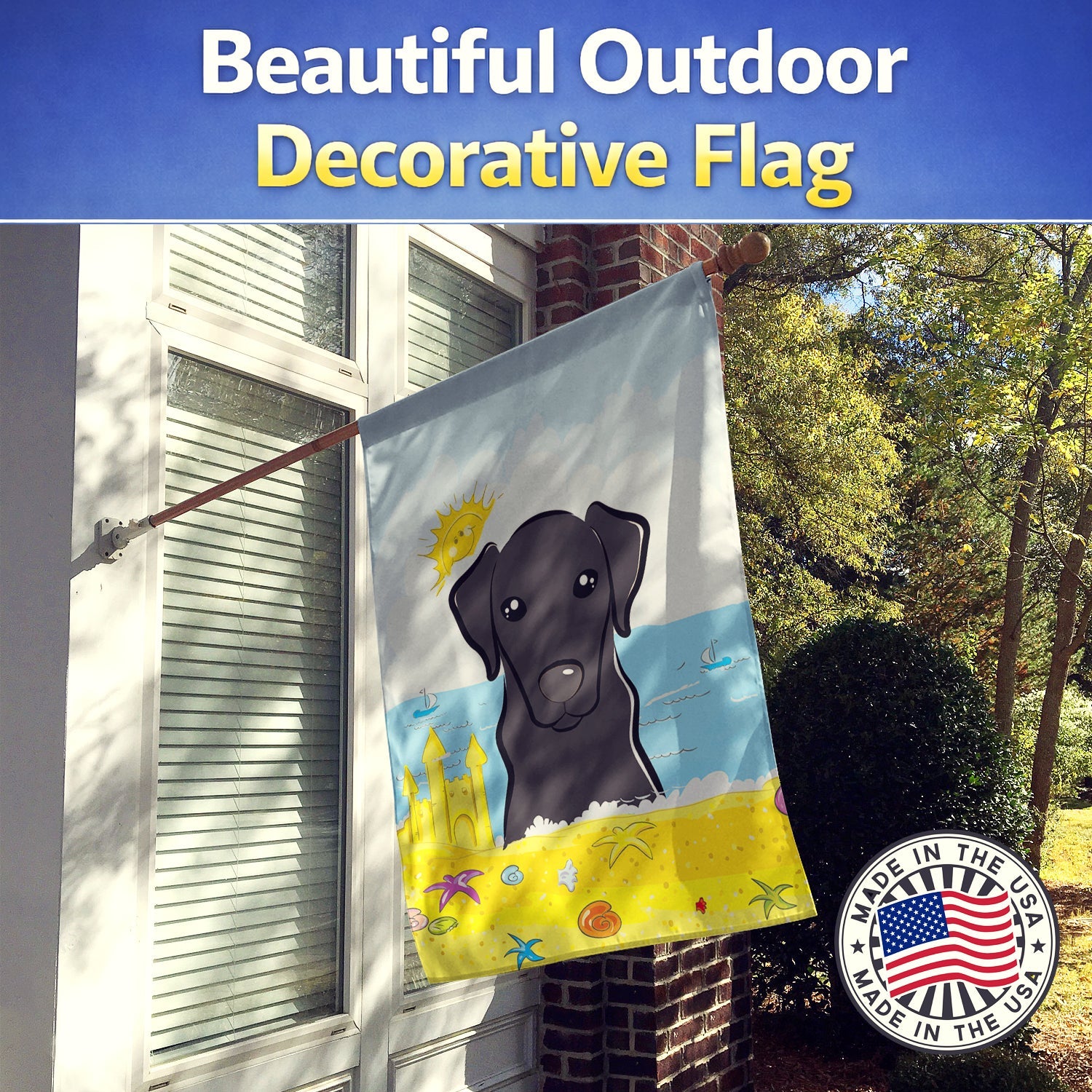 Black Labrador Summer Beach House Flag 28x40 Porch Sleeve Pole Decorative Outside Yard Banner Artwork Wall Hanging, Polyester
