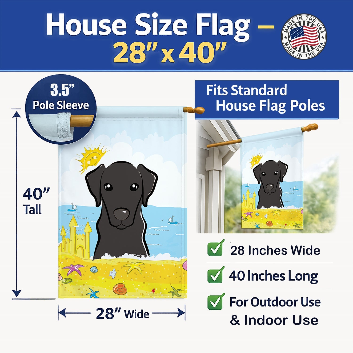 Black Labrador Summer Beach House Flag 28x40 Porch Sleeve Pole Decorative Outside Yard Banner Artwork Wall Hanging, Polyester