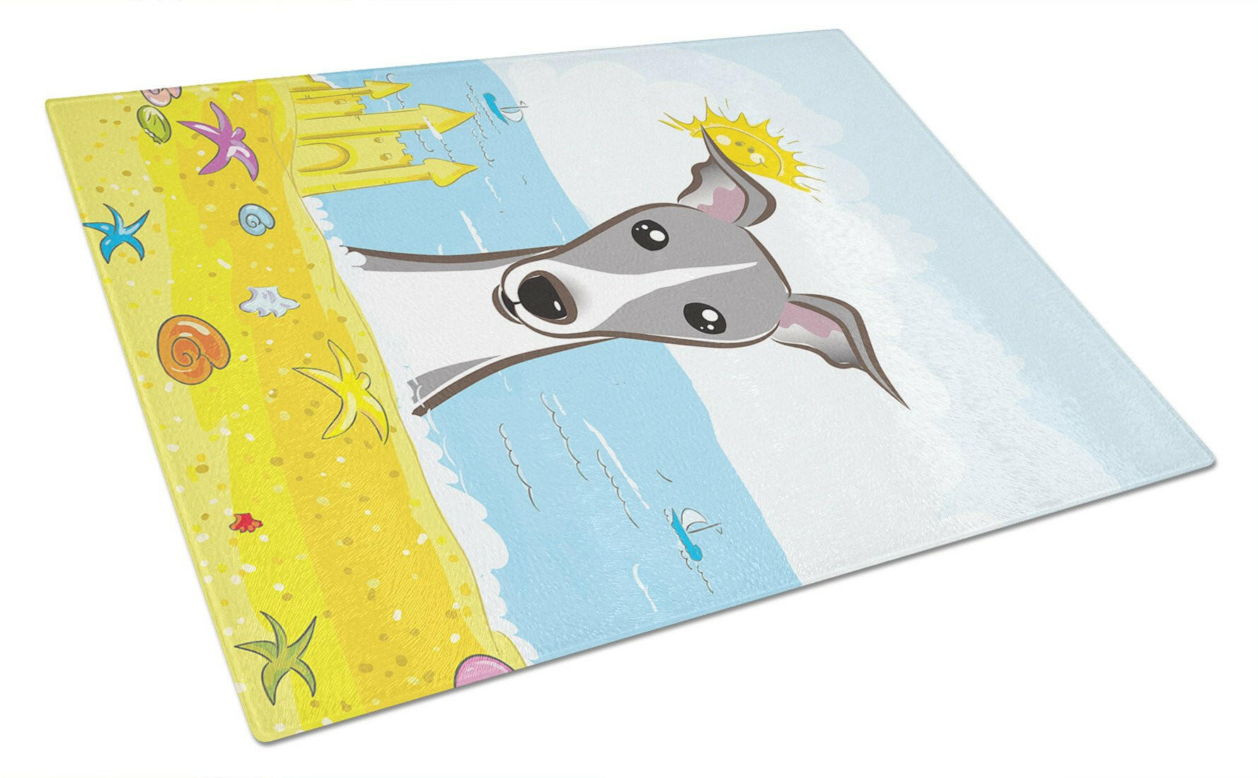 Italian Greyhound Summer Beach Cutting Board Tempered Glass Kitchen Cutting Surface, Heat Resistant Chopping, Non-Slip Feet, Food Prep & Serving