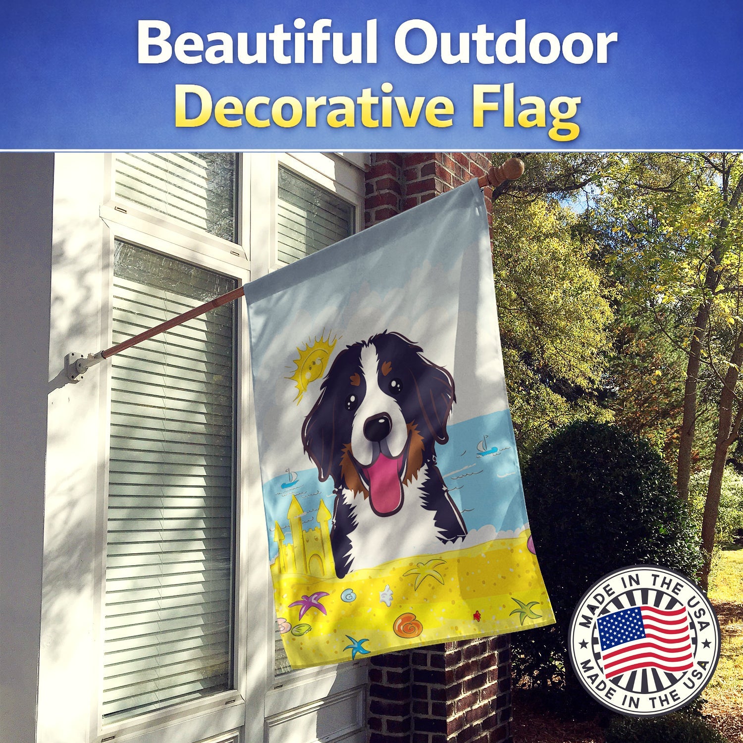 Bernese Mountain Dog Summer Beach House Flag 28x40 Porch Sleeve Pole Decorative Outside Yard Banner Artwork Wall Hanging, Polyester