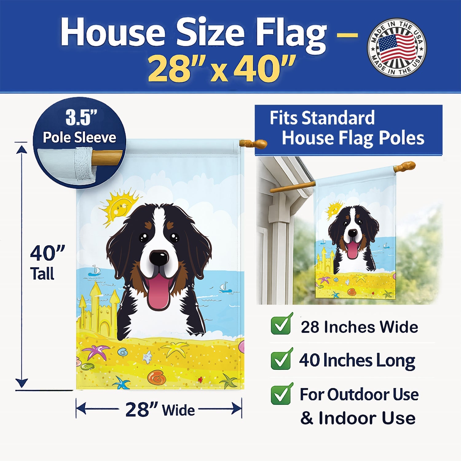 Bernese Mountain Dog Summer Beach House Flag 28x40 Porch Sleeve Pole Decorative Outside Yard Banner Artwork Wall Hanging, Polyester