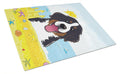 Bernese Mountain Dog Summer Beach Cutting Board Tempered Glass Kitchen Cutting Surface, Heat Resistant Chopping, Non-Slip Feet, Food Prep & Serving