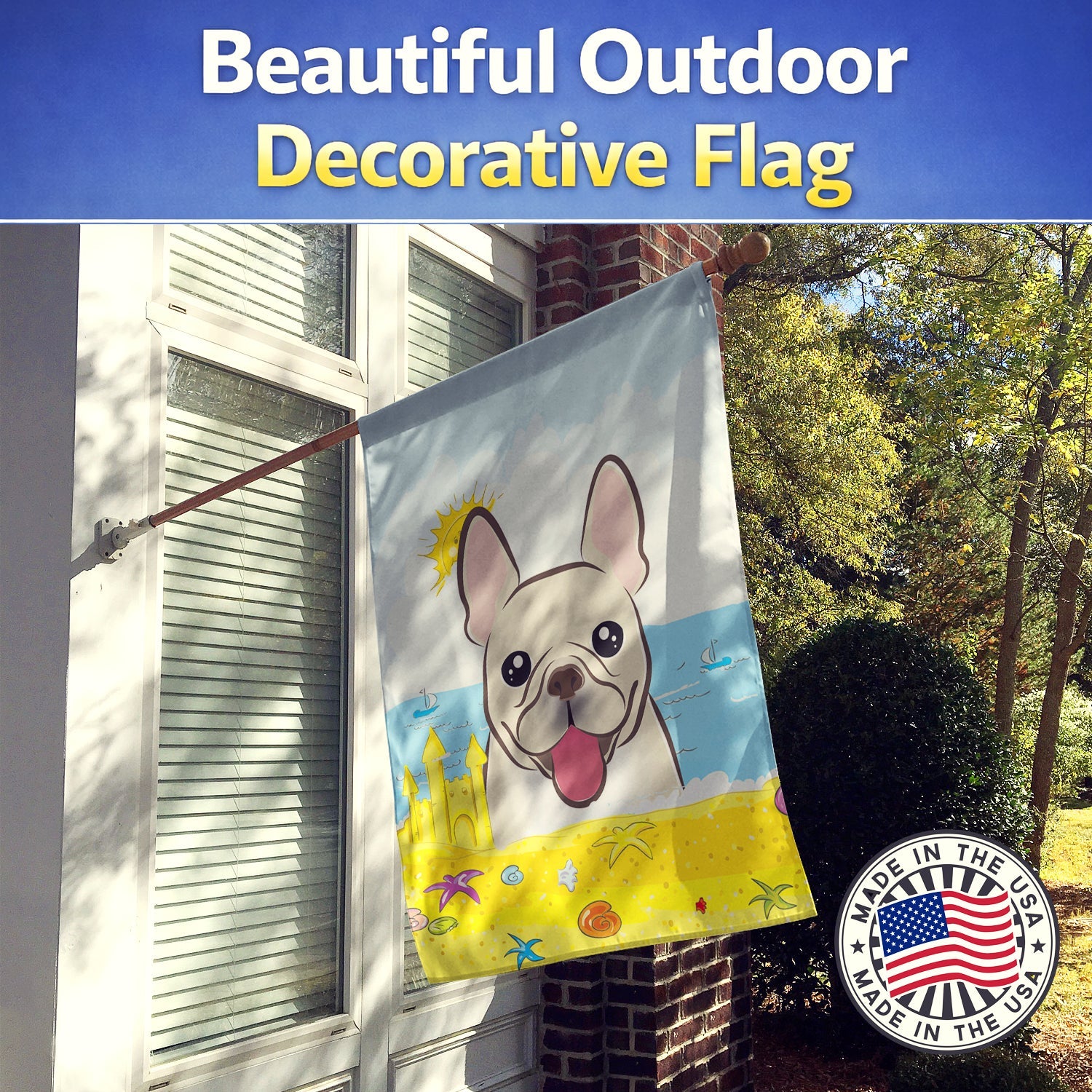 French Bulldog Summer Beach House Flag 28x40 Porch Sleeve Pole Decorative Outside Yard Banner Artwork Wall Hanging, Polyester