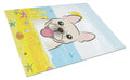 French Bulldog Summer Beach Cutting Board Tempered Glass Kitchen Cutting Surface, Heat Resistant Chopping, Non-Slip Feet, Food Prep & Serving
