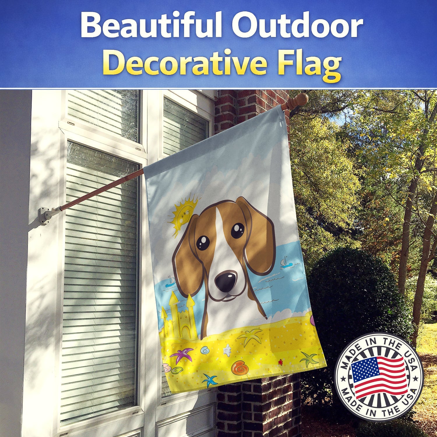 Beagle Summer Beach House Flag 28x40 Porch Sleeve Pole Decorative Outside Yard Banner Artwork Wall Hanging, Polyester