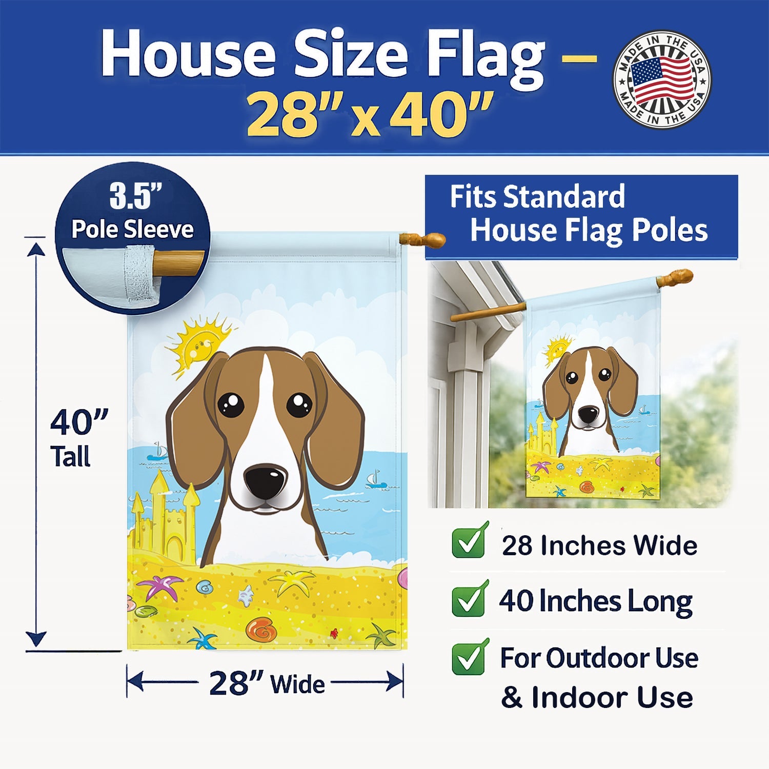 Beagle Summer Beach House Flag 28x40 Porch Sleeve Pole Decorative Outside Yard Banner Artwork Wall Hanging, Polyester