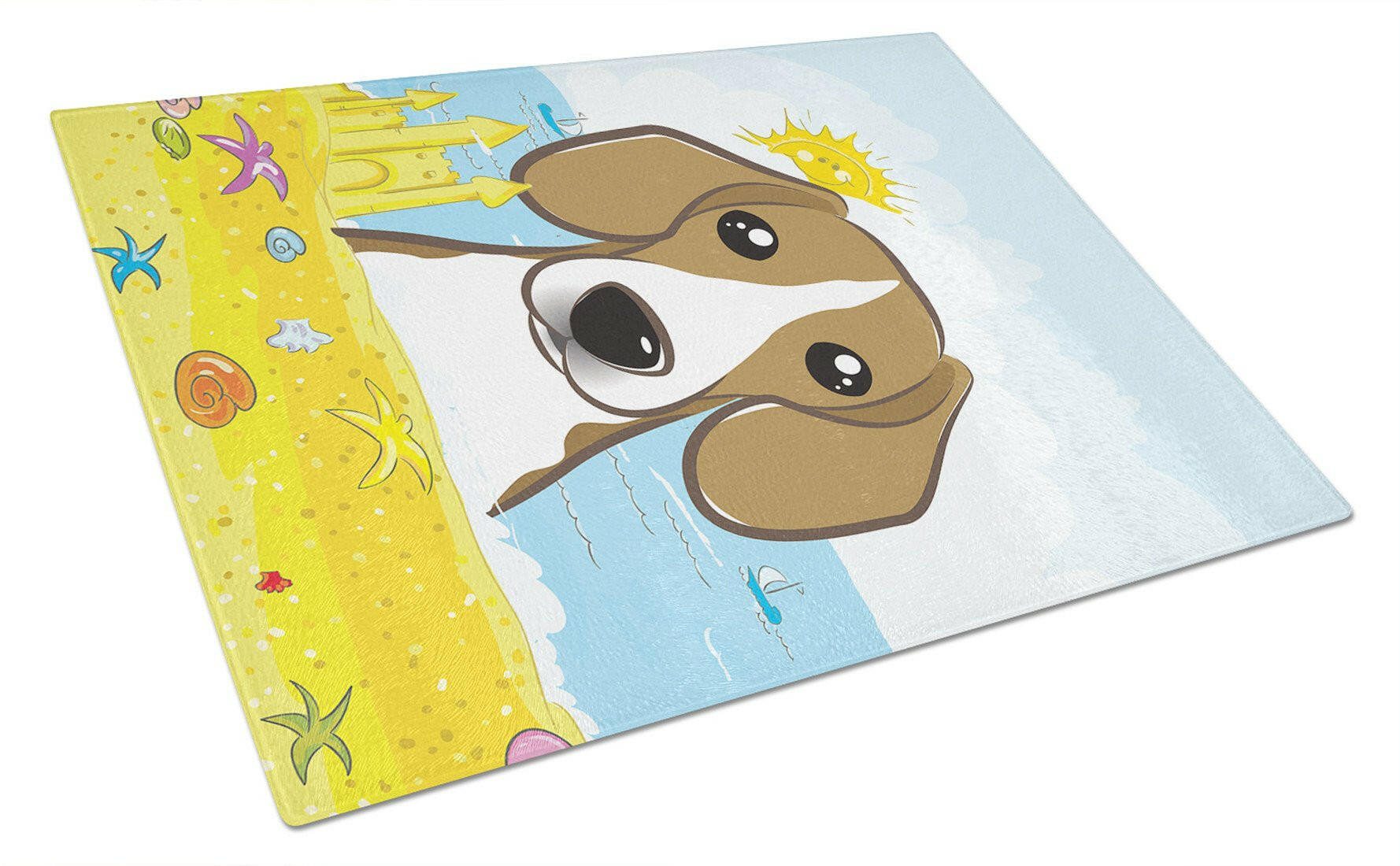 Beagle Summer Beach Cutting Board Tempered Glass Kitchen Cutting Surface, Heat Resistant Chopping, Non-Slip Feet, Food Prep & Serving