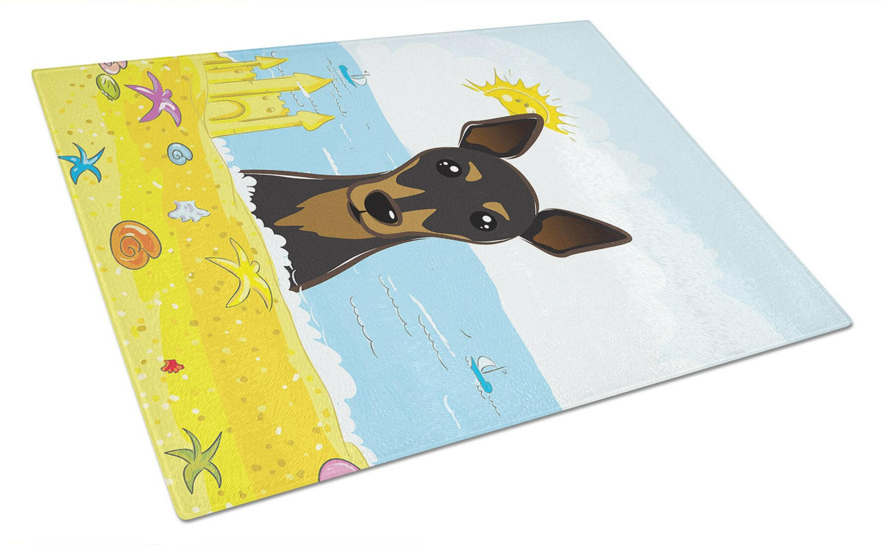 Min Pin Summer Beach Cutting Board Tempered Glass Kitchen Cutting Surface, Heat Resistant Chopping, Non-Slip Feet, Food Prep & Serving