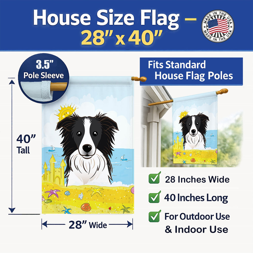 Border Collie Summer Beach House Flag 28x40 Porch Sleeve Pole Decorative Outside Yard Banner Artwork Wall Hanging, Polyester