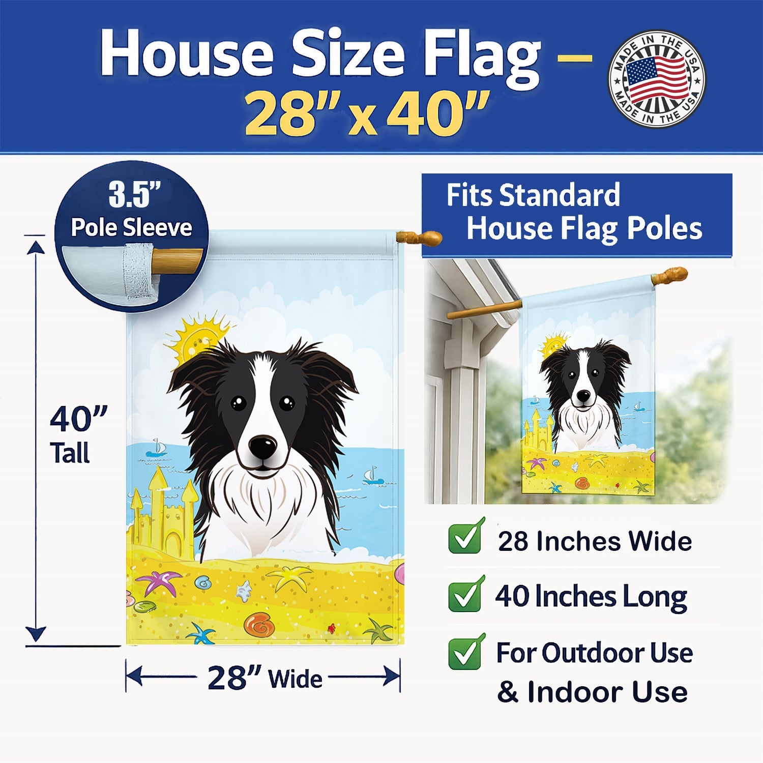 Border Collie Summer Beach House Flag 28x40 Porch Sleeve Pole Decorative Outside Yard Banner Artwork Wall Hanging, Polyester