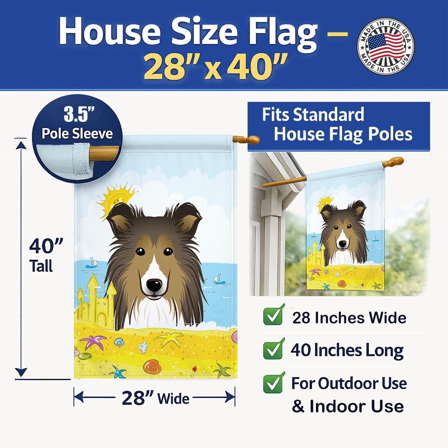 Sheltie Summer Beach House Flag 28x40 Porch Sleeve Pole Decorative Outside Yard Banner Artwork Wall Hanging, Polyester