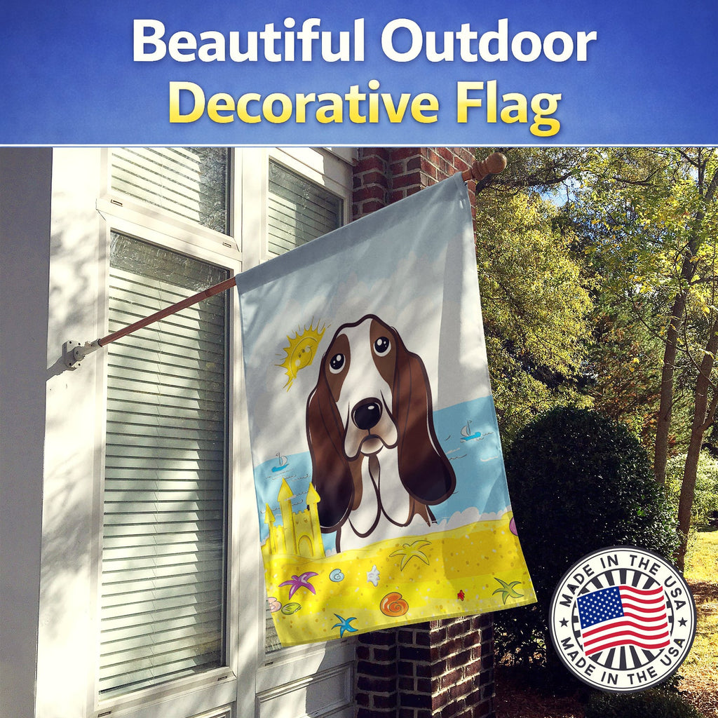Basset Hound Summer Beach House Flag 28x40 Porch Sleeve Pole Decorative Outside Yard Banner Artwork Wall Hanging, Polyester