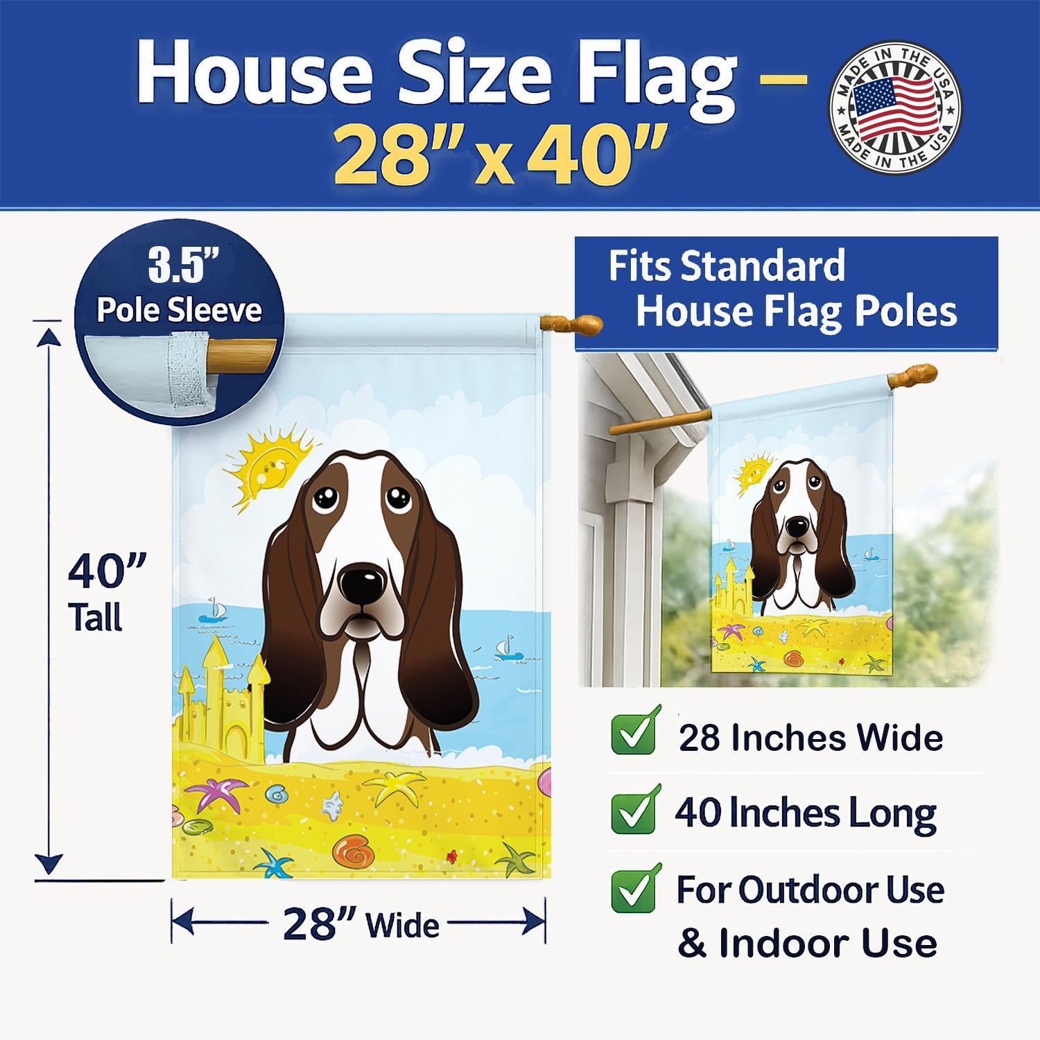Basset Hound Summer Beach House Flag 28x40 Porch Sleeve Pole Decorative Outside Yard Banner Artwork Wall Hanging, Polyester