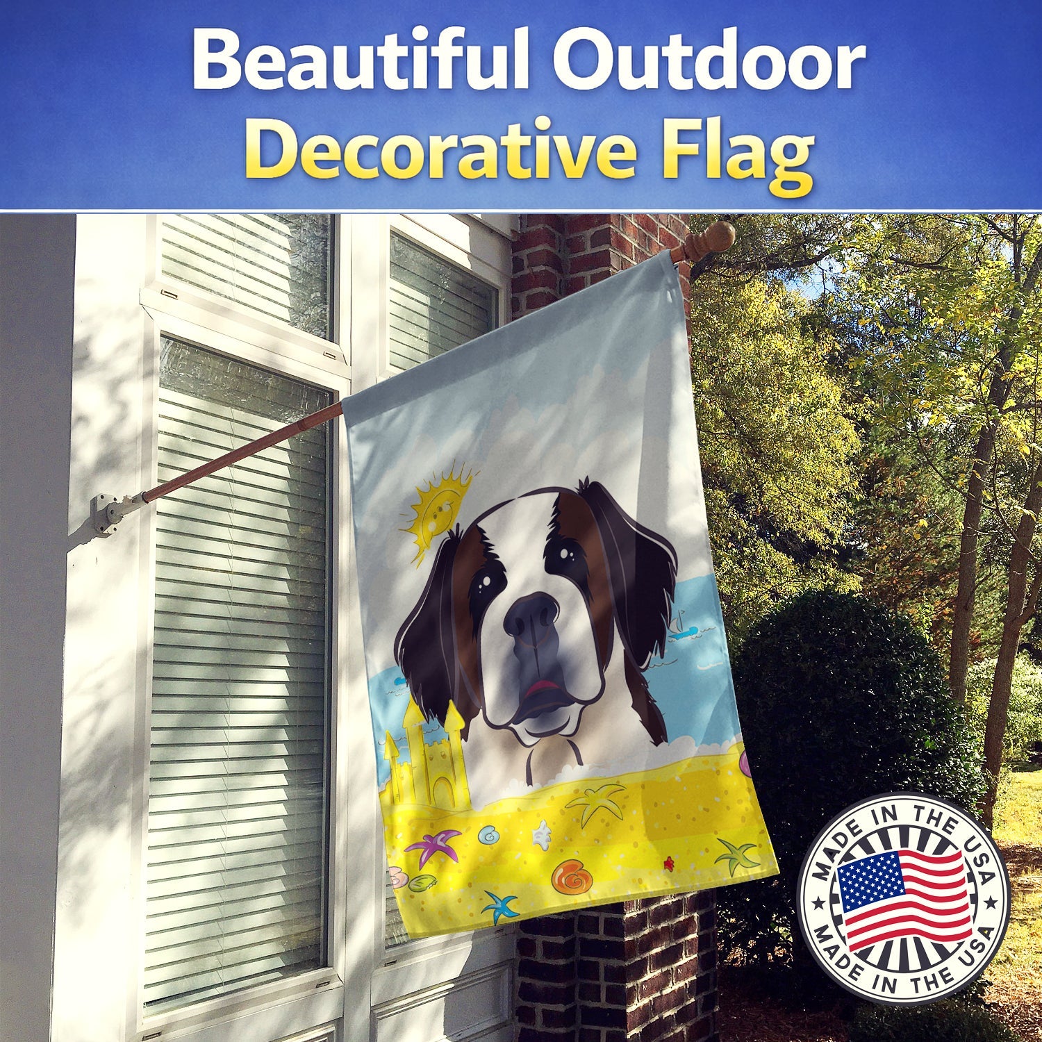 Saint Bernard Summer Beach House Flag 28x40 Porch Sleeve Pole Decorative Outside Yard Banner Artwork Wall Hanging, Polyester